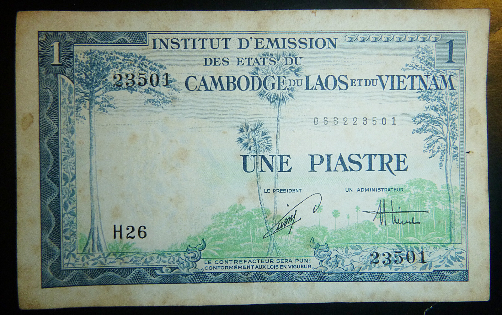 BANK NOTE – 1953 – ONE PIASTRE – LAOS – CAMBODIA – French Vietnam War – C.045