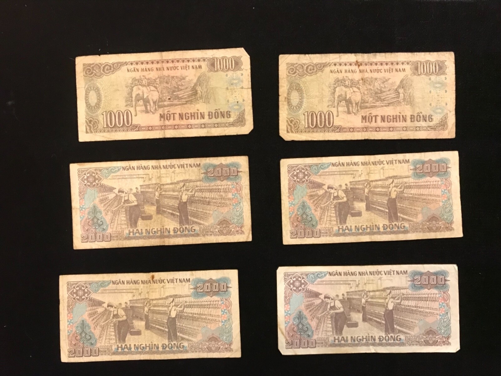 VIET NAM vintage 1988 State Bank Paper Money 1000 & 2000 DONG 6 circulated note
