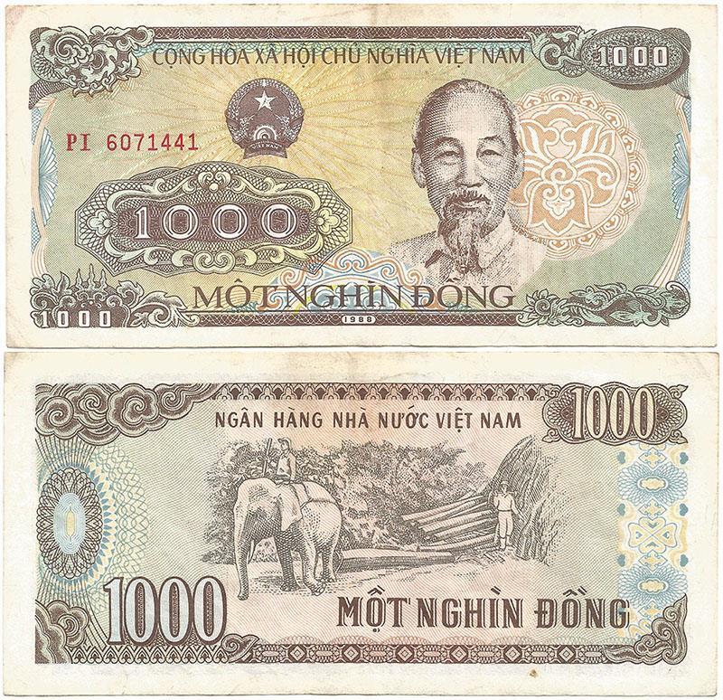 1988 NORTH VIETNAM Crispy Circulated 1000 DONG NOTE Shows HO CHI MINH & Elephant