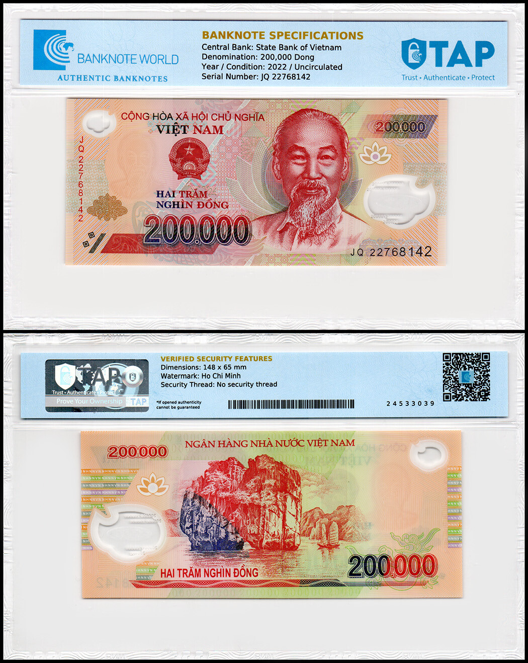 Vietnam 200000 Dong, 2022, P-123m, UNC, Polymer, Authenticated Banknote