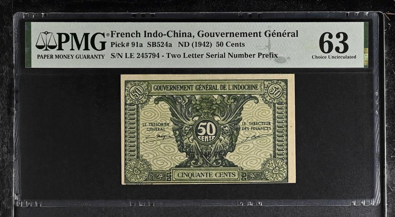 French Indochina P-91a 50 Cents 1942 PMG 63 As Made Wrinkles