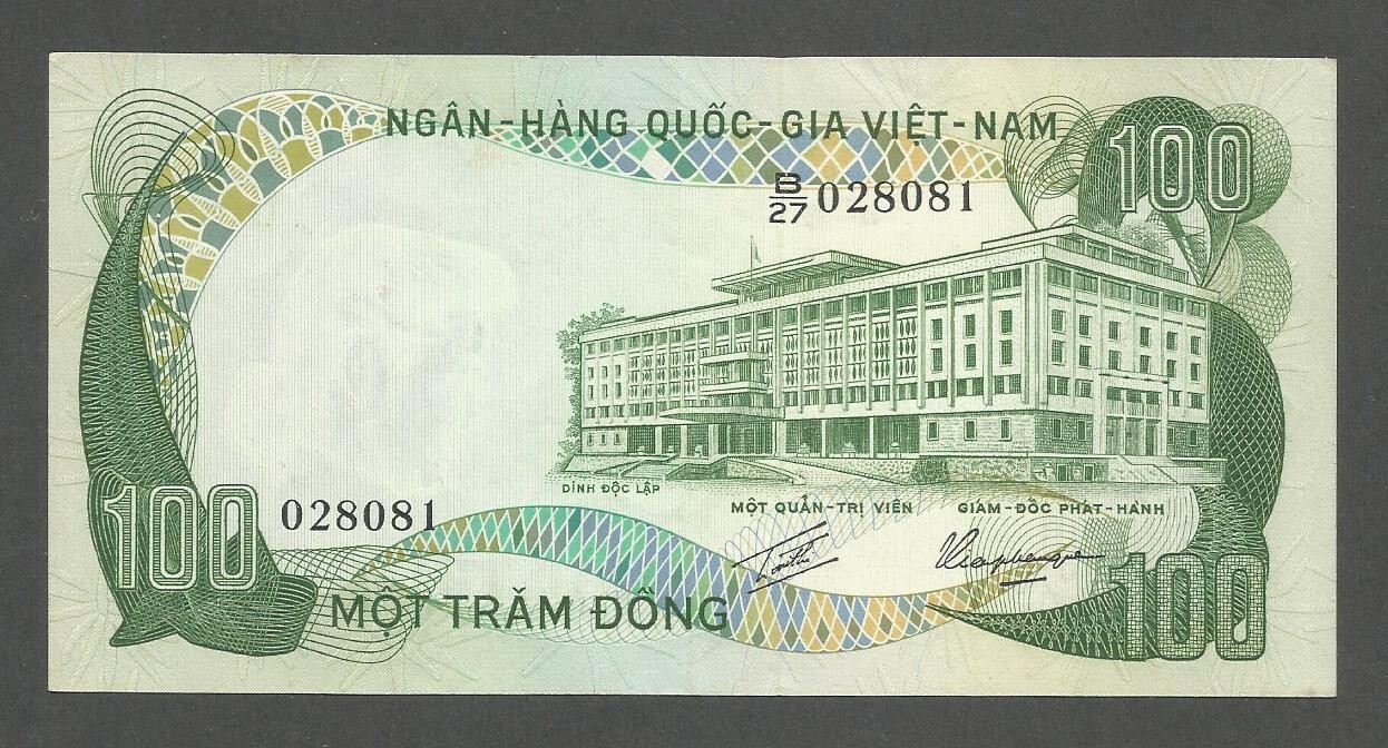 South Vietnam 100 Dong N.D. (1972); AU+; P-31a; BNB-B133a; Palace; Water buffalo