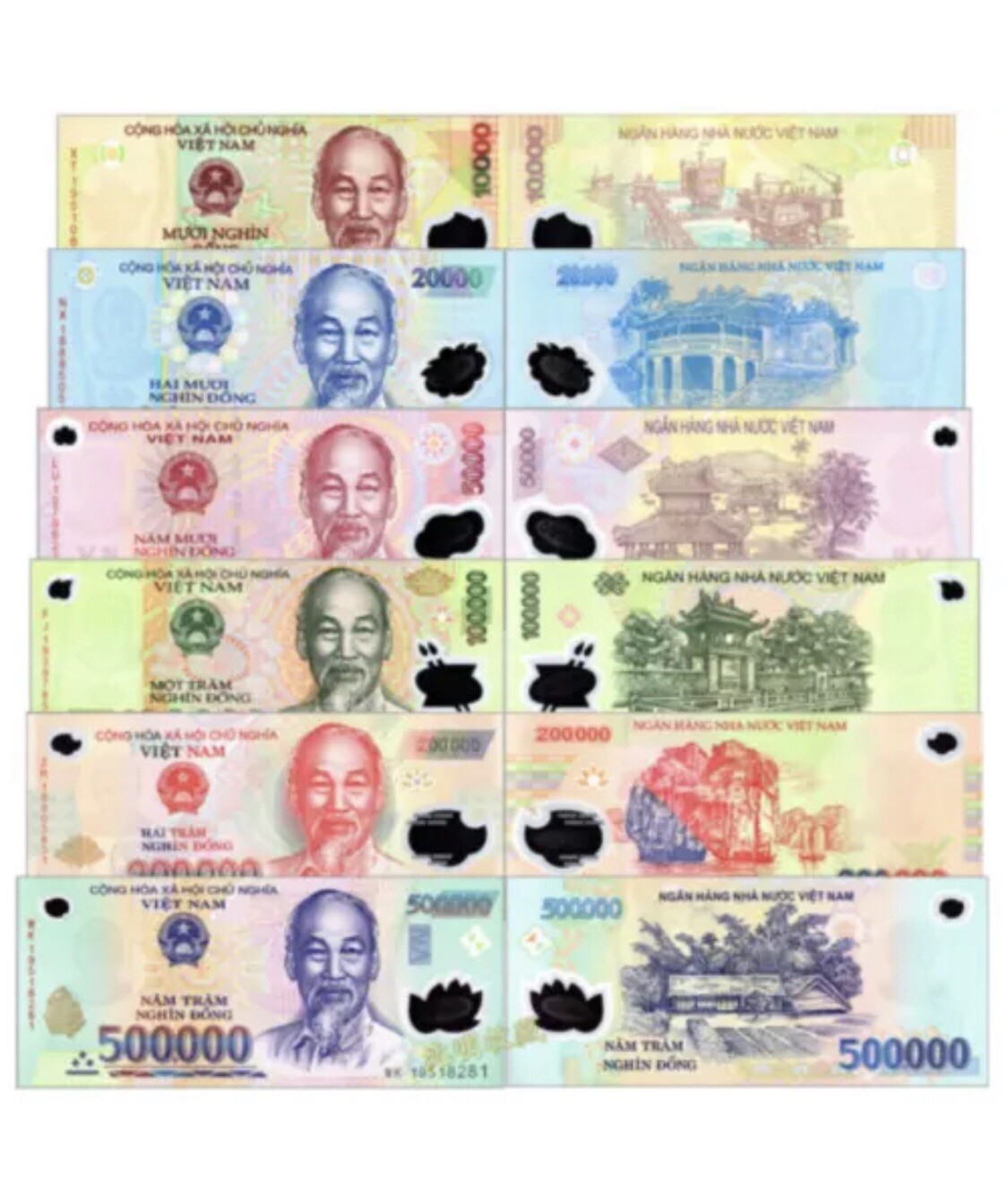 6pcs Vietnam 10000 -100000 20000 500000 Dong DOLLARS BANKNOTE CURRENCY VND UNC