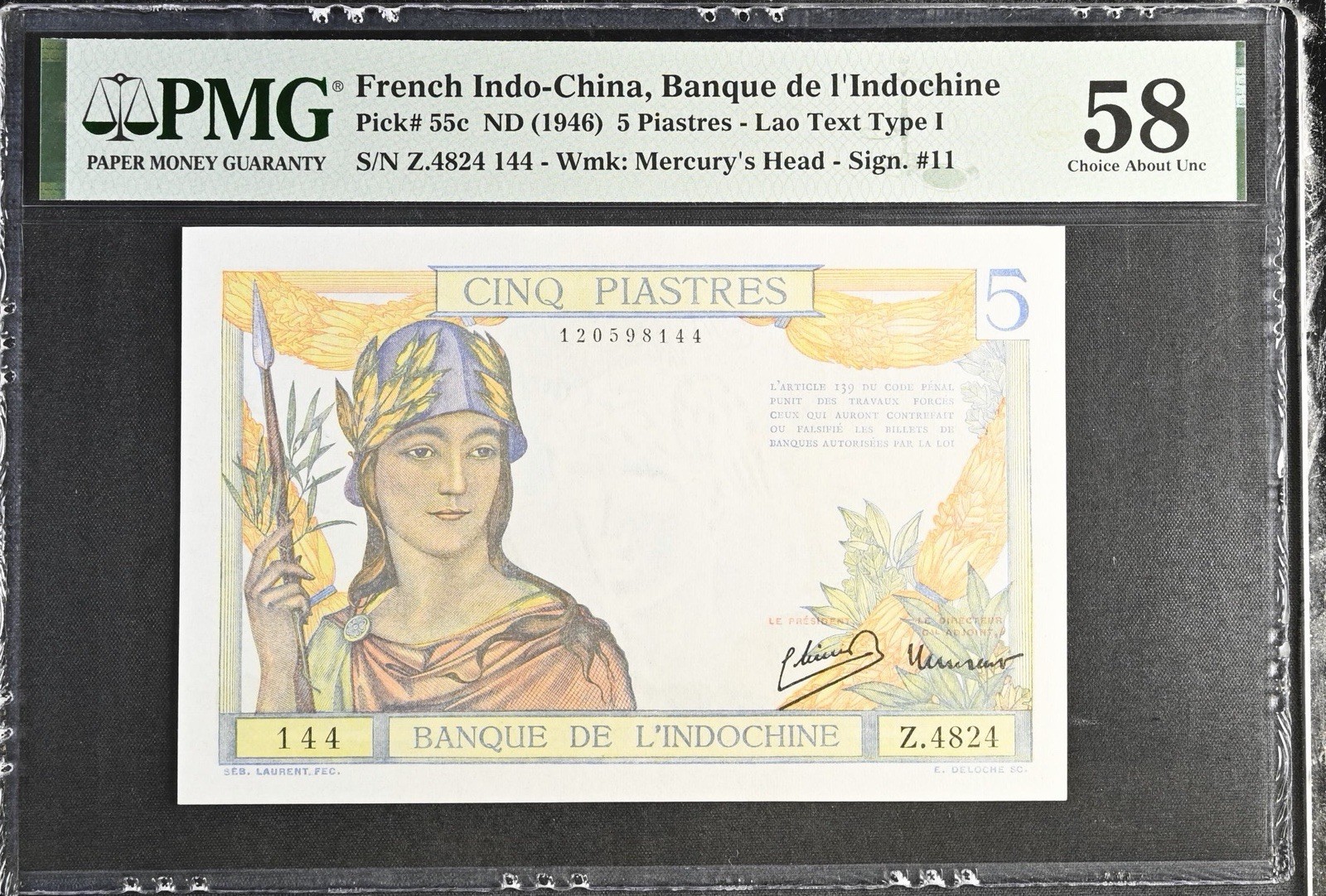 ND(1946) French Indo-China, Banque de I’Indochine 5 piastres pick# 55c PMG 58