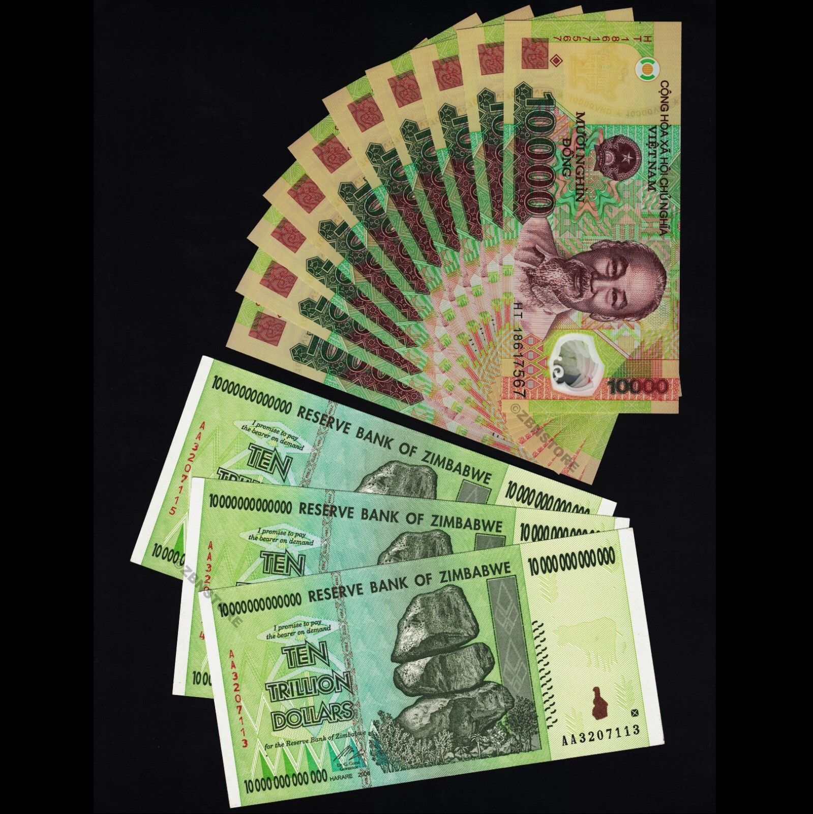 3 x 10 Trillion Zimbabwe Dollars AA 2008+ 10 x 10,000 Vietnam Dong Authentic UNC
