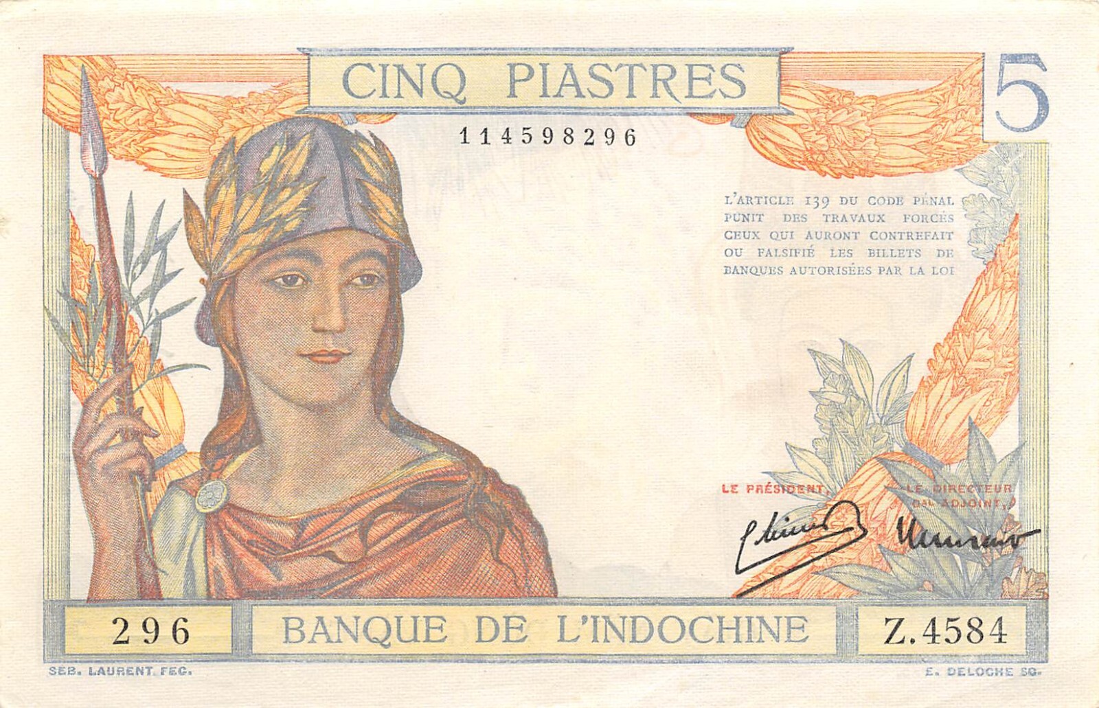 French I. C. 5 Piastres ND. 1946 P 55c Series Z Circulated Banknotes TX11