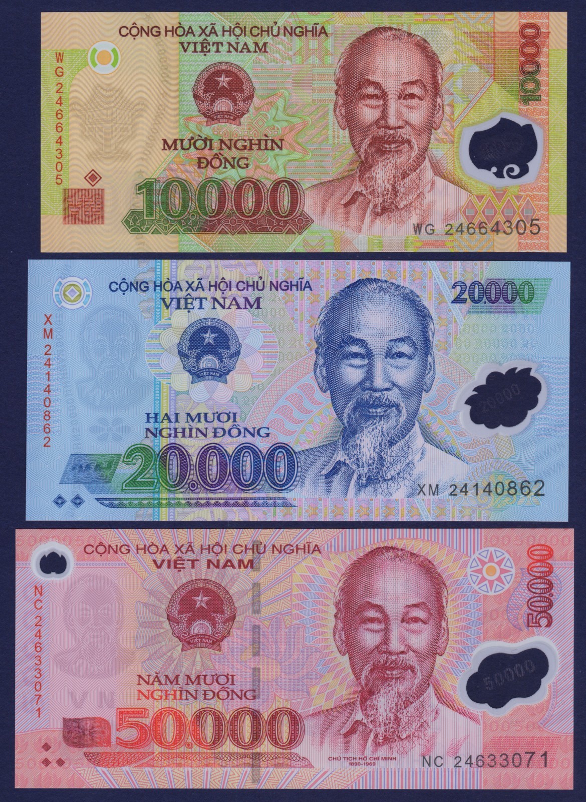 VIETNAM – Set 2024 – NEW POLYMER – P119+P120+P121 – 10000+20000+50000 Dong – UNC