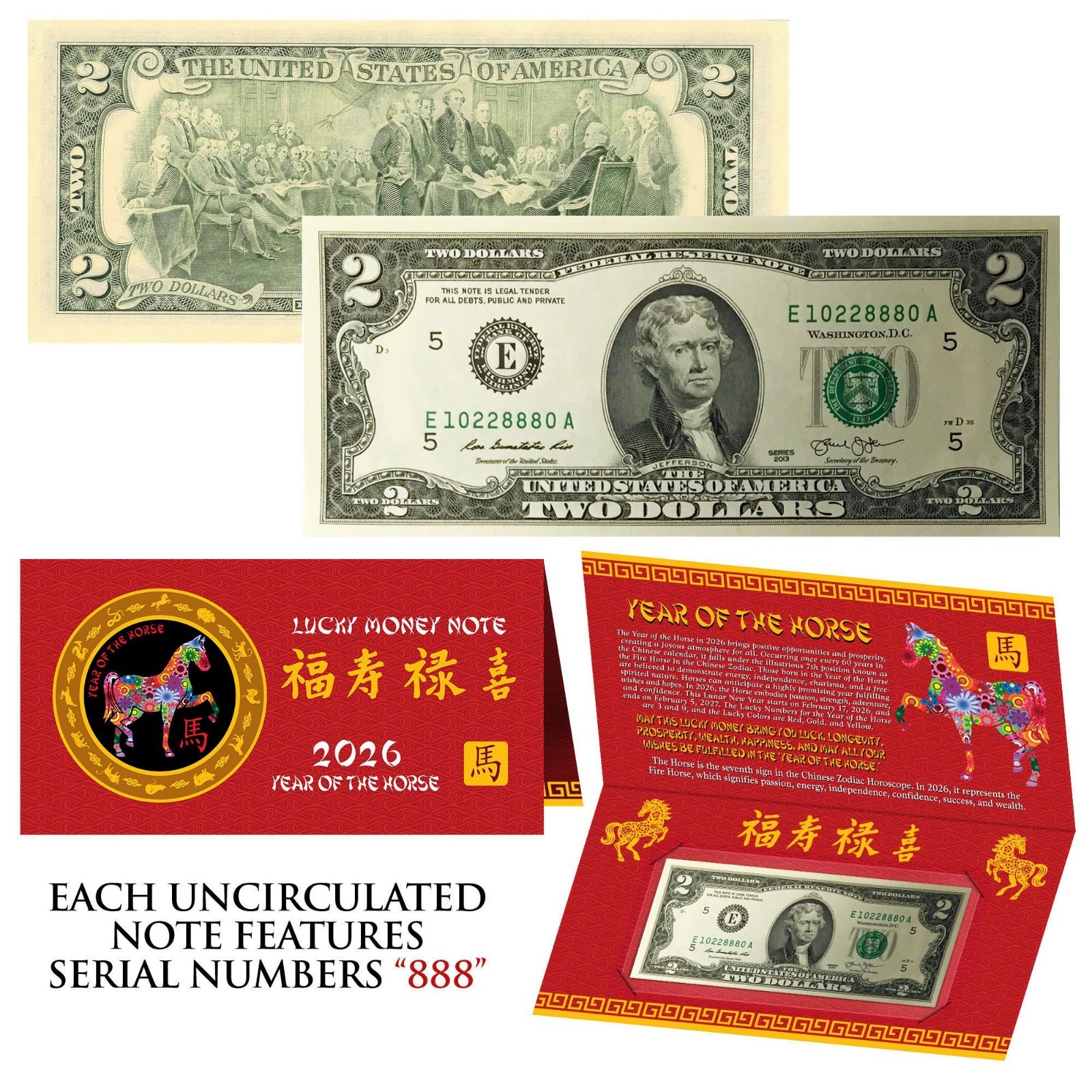2026 Lunar Chinese New YEAR of the HORSE Lucky $2 Bill w/ Red Folder – S/N 888