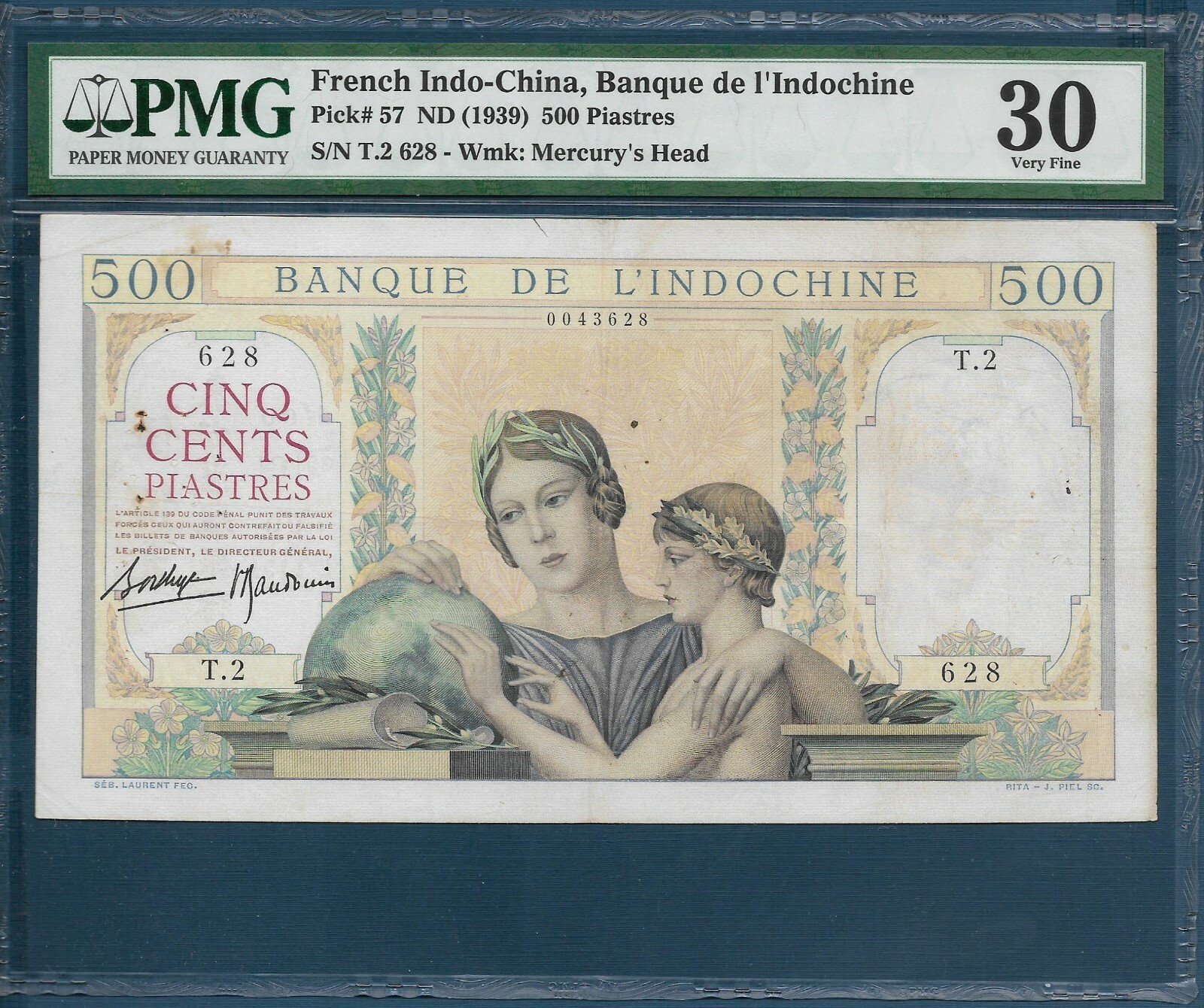 French Indochina Vietnam 500 Piastres, 1939, P 57, PMG VF 30