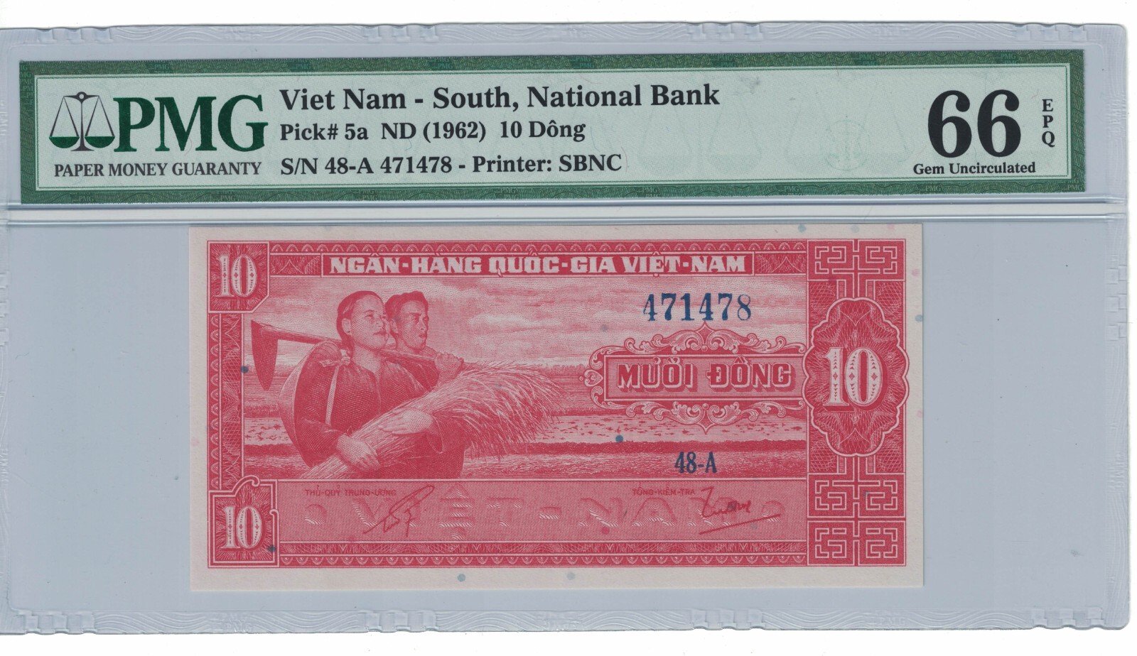 Vietnam South 10 Dong 1962 PICK# 5a PMG: 66 EPQ GEM UNC. #PL119