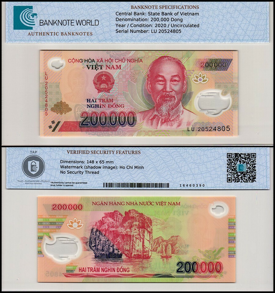 Vietnam 200000 Dong, 2020, P-123k, UNC, Polymer, Authenticated Banknote
