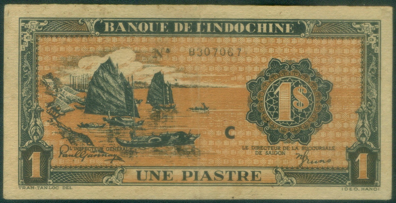 Indochina ND (1942-45) 1 Piastre Pick 58 Serial# B 307067. XF-AU