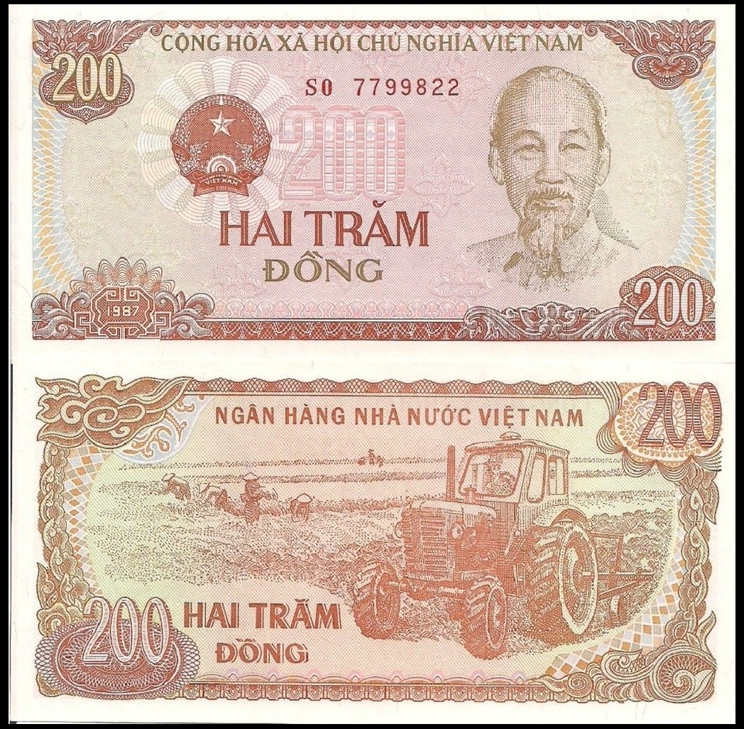 Viet Nam P100a, 200 Dong, Ho Chi Minh / tractor in field, 1987, UNC $3 Cat Val !