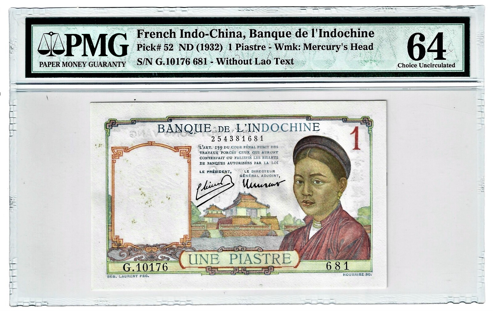 French Indochina: 1 Piastre ND (1932) Pick 52 PMG Choice Uncirculated 64.