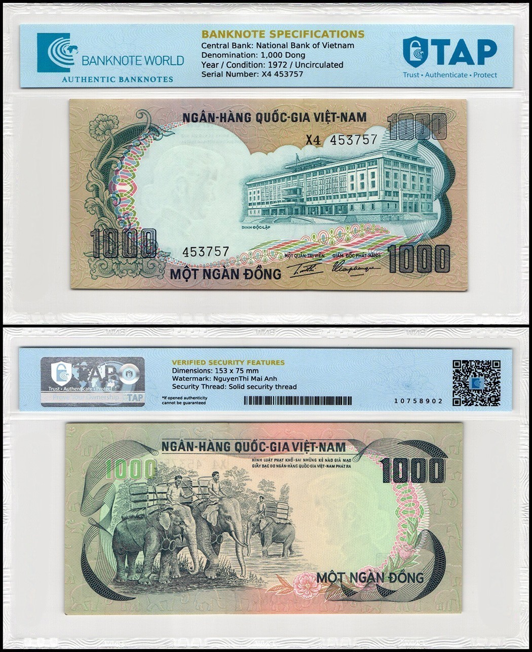 South Vietnam 1000 Dong, 1972 ND, P-34, UNC, TAP Authenticated