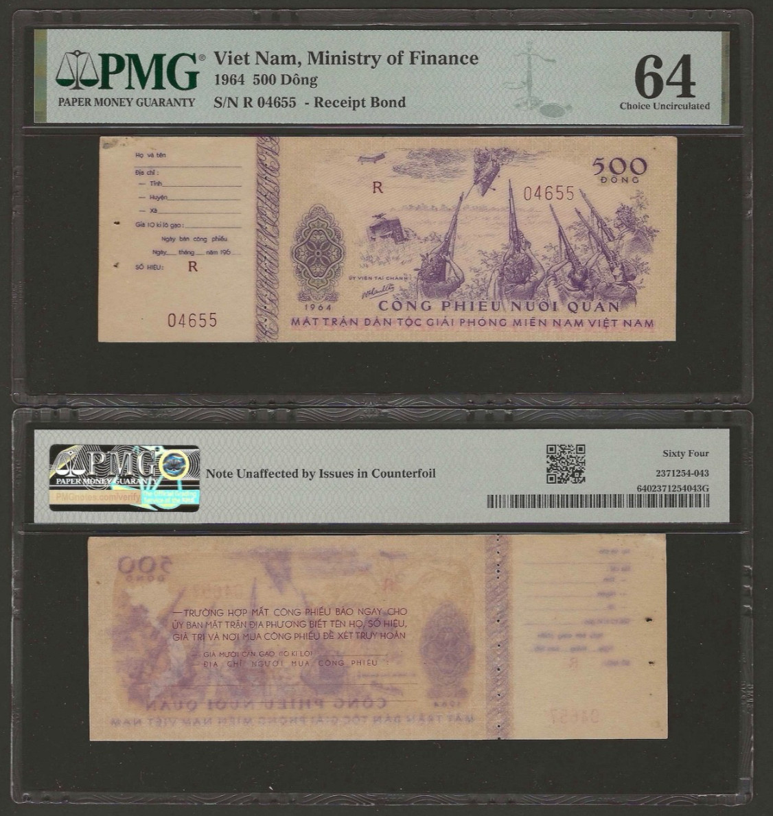 VIETNAM 500 Dong 1964, Ministry of Finance Receipt Bond, PMG 64 Ch UNC, Scarce