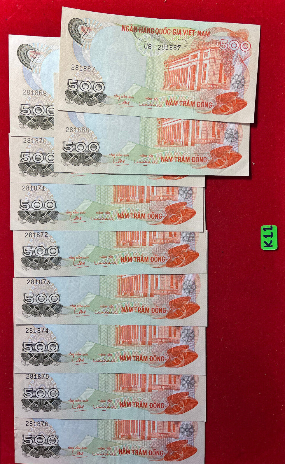K11 Vietnam; Lot of 10 Notes – 500 Dong ND-1970 P#28 Consecutive Numbers !!!