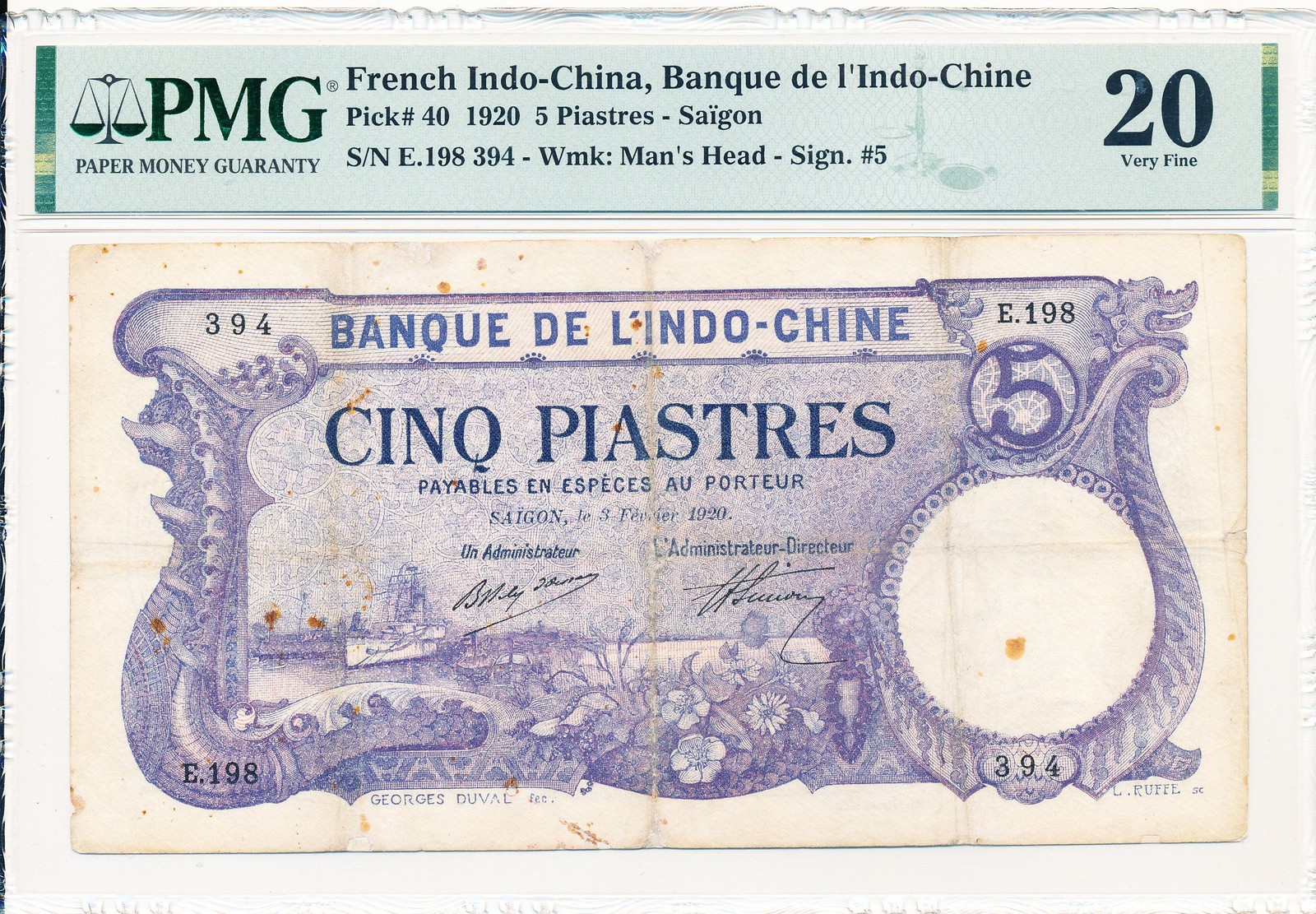 Banque de l’Indochine French Indo-China 5 Piastres 1920 Saigon PMG 20