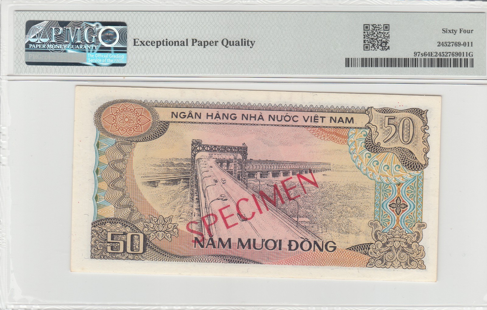 1985 Dem/Rep of Vietnam SPECIMEN, PMG Certified 50 Dong Bank Notes P#97s.