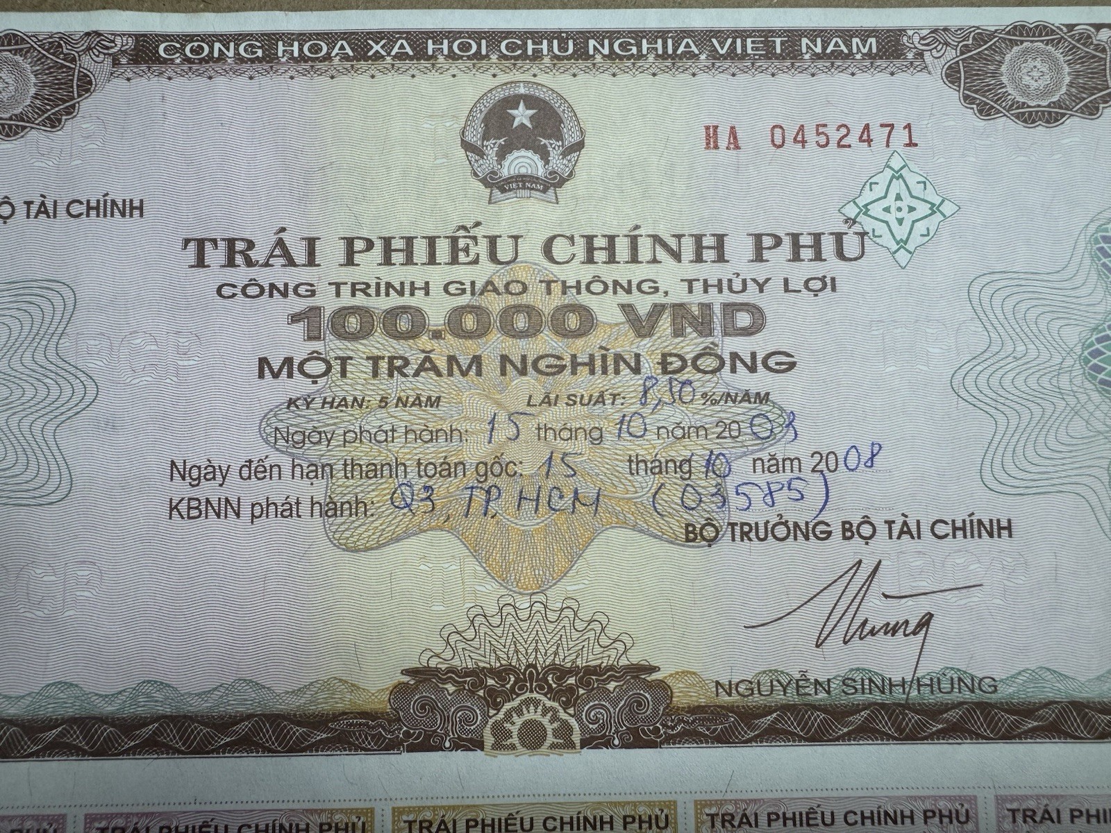 100,000 Dong Goverment Cheque 2003 Rare_LDP Shop.