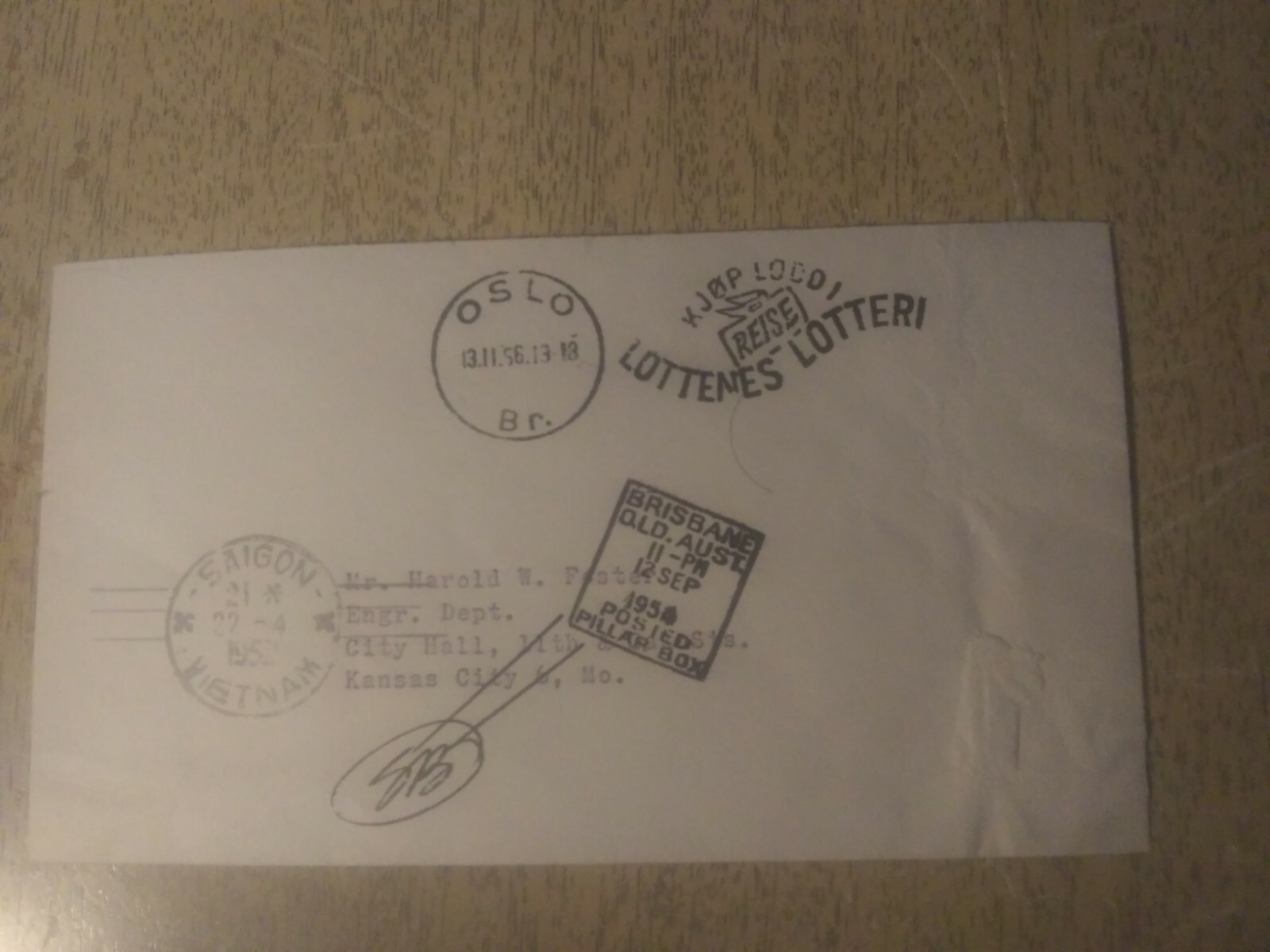 Saigon Vietnam 1956 Cover Oslo Kansas City Postal History Envelope