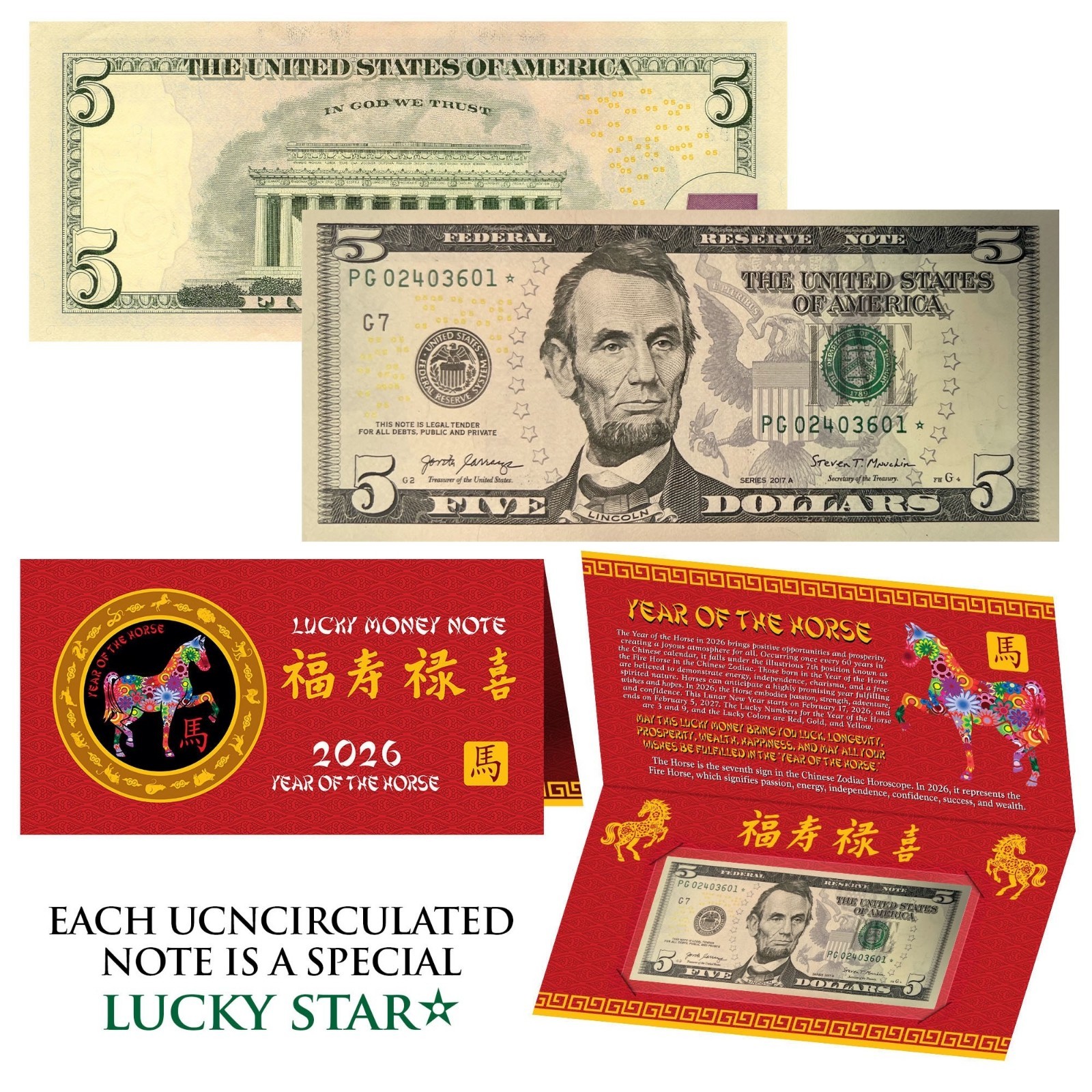 2026 STAR NOTE Lunar Year of the HORSE Lucky Money $5 Bill w/ Red Folder