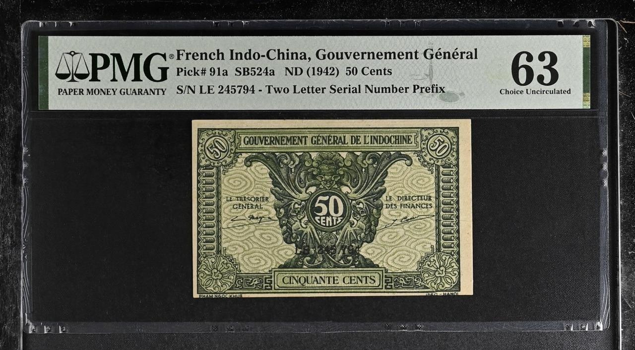 French Indochina P-91a 50 Cents 1942 PMG 63 As Made Wrinkles