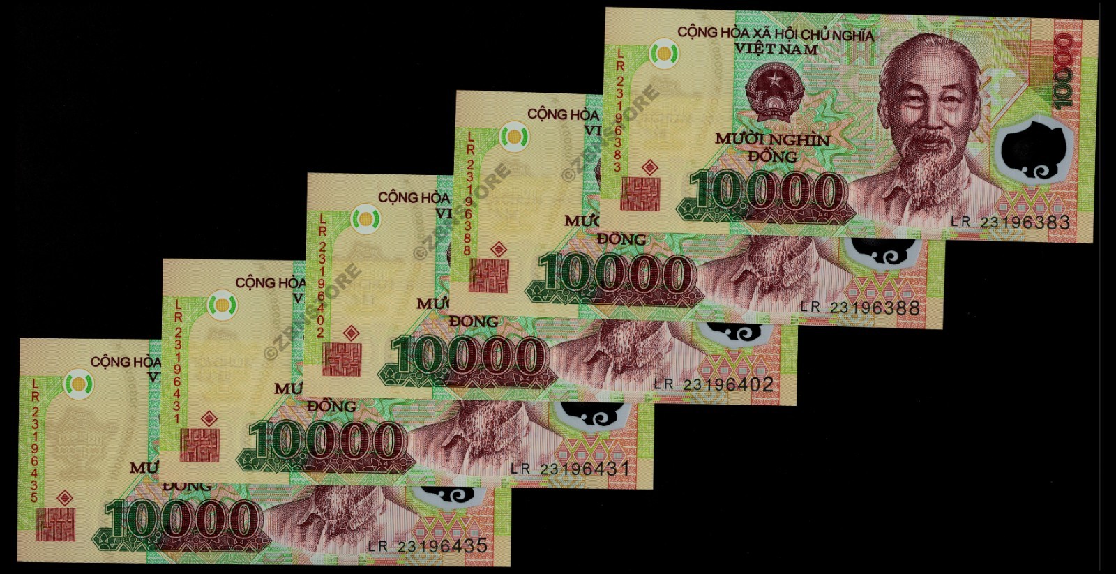 5 x 10 Billion Dollars Zimbabwe + 5 x 10,000 Vietnam Dong VND Banknotes + COA