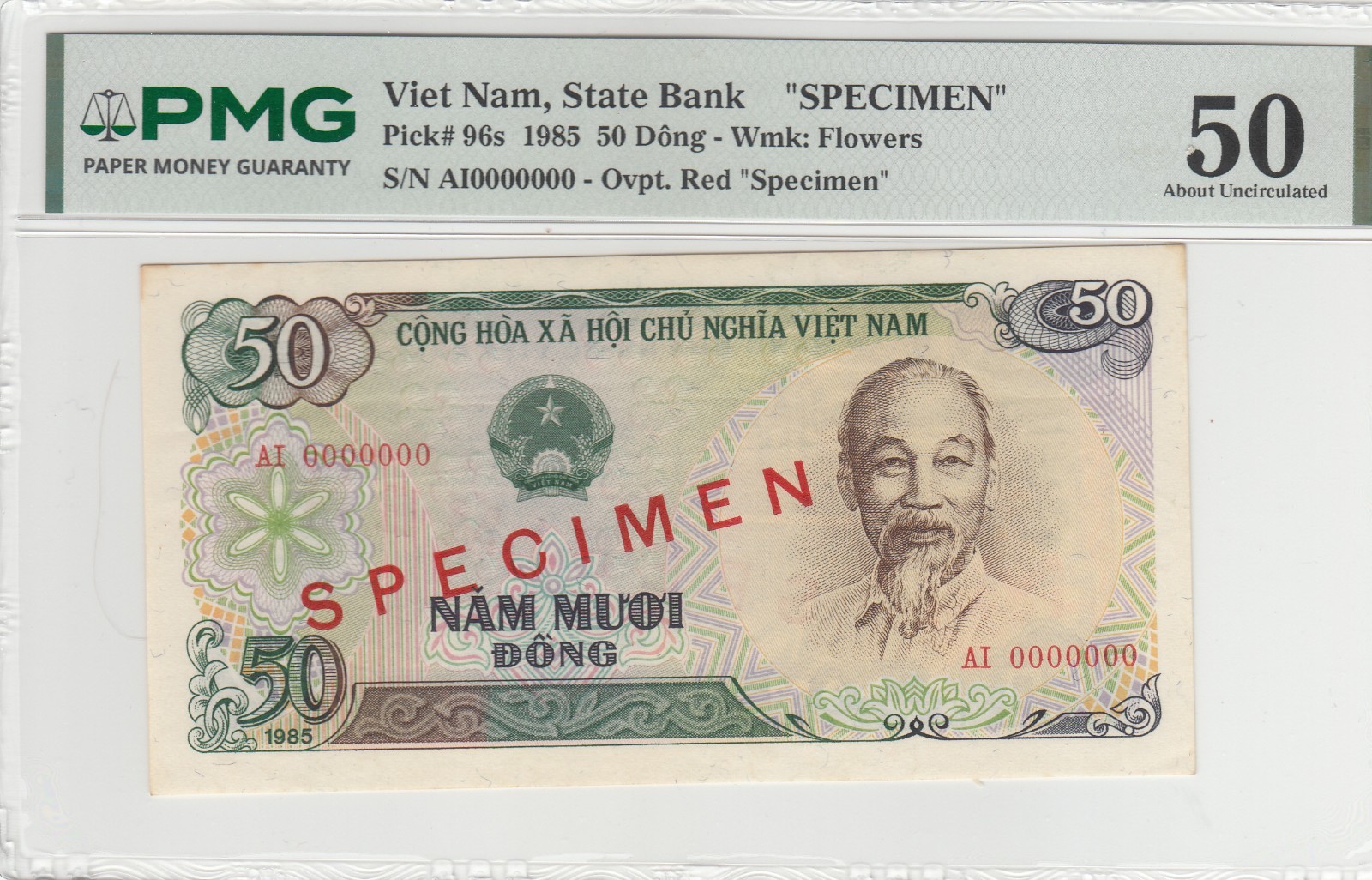 1985 Dem/Rep of Vietnam SPECIMEN, PMG Certified 50 Dong Bank Notes P#96s.
