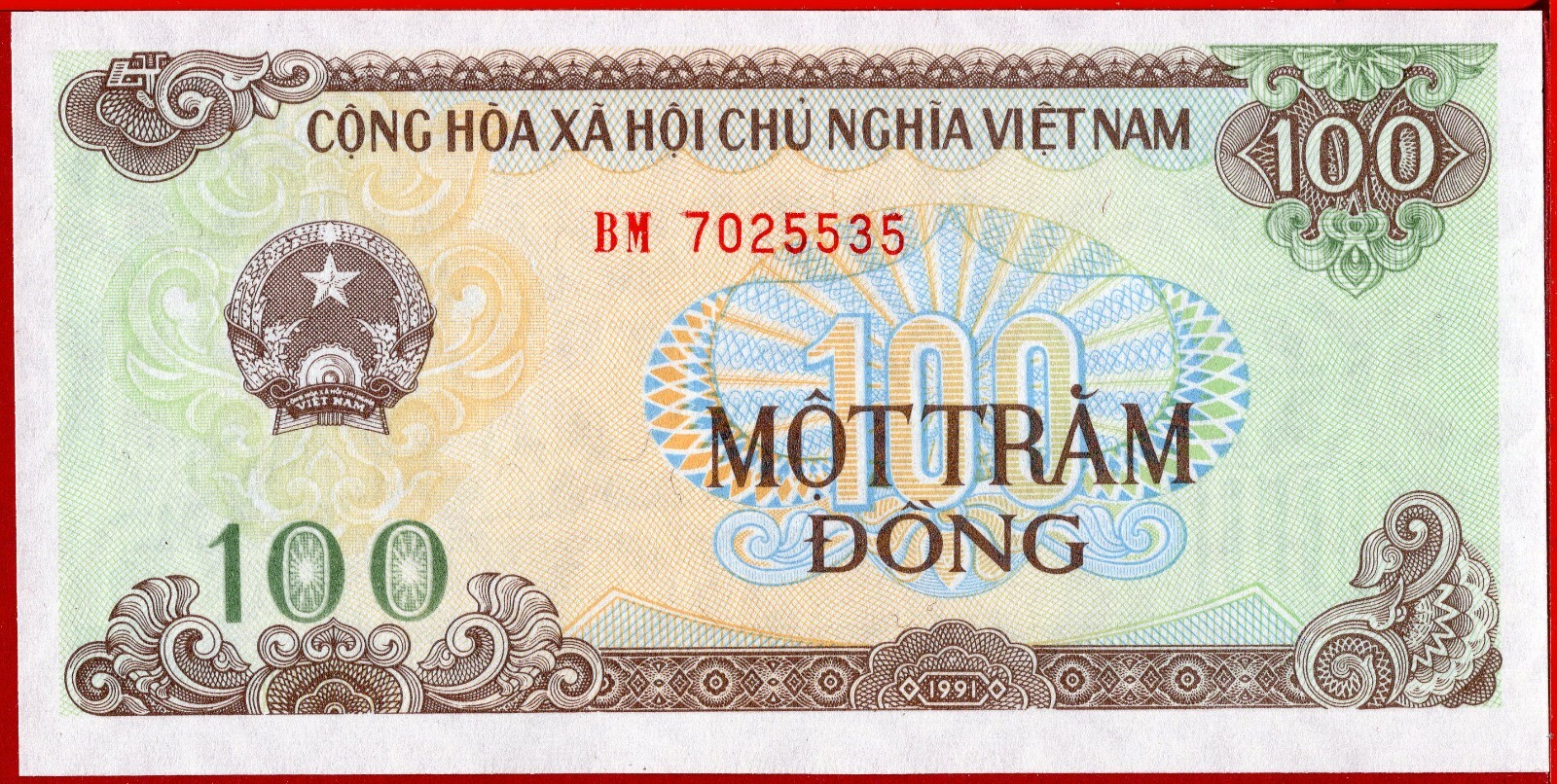 VIETNAM 100 DONG 1991 Small serial P 105a UNC free shipping from 100$