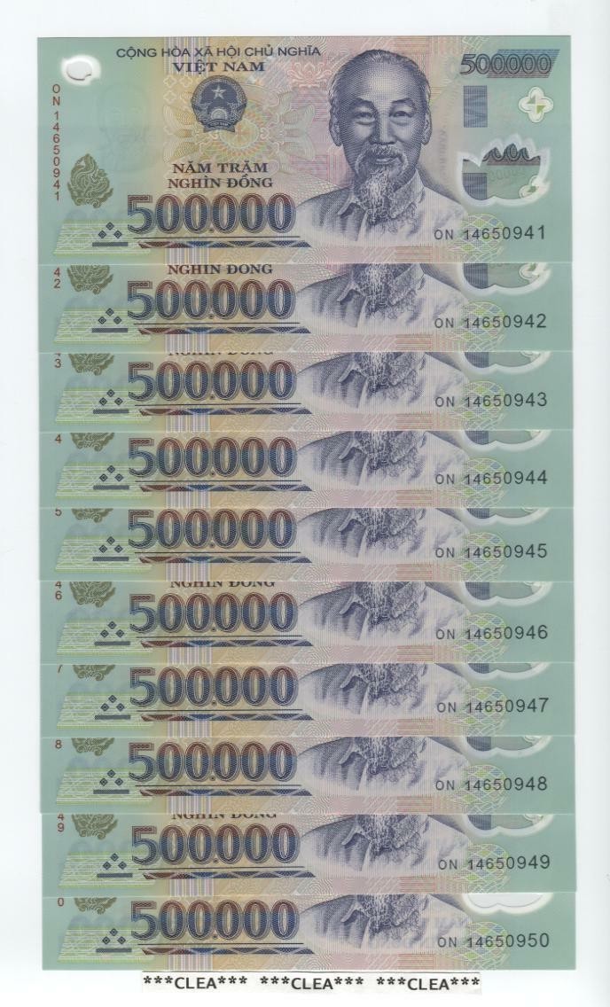 5,000,000 Vietnamese Dong 10 X 500,000 UNCIRCULATED Polymer 500000 VND Note