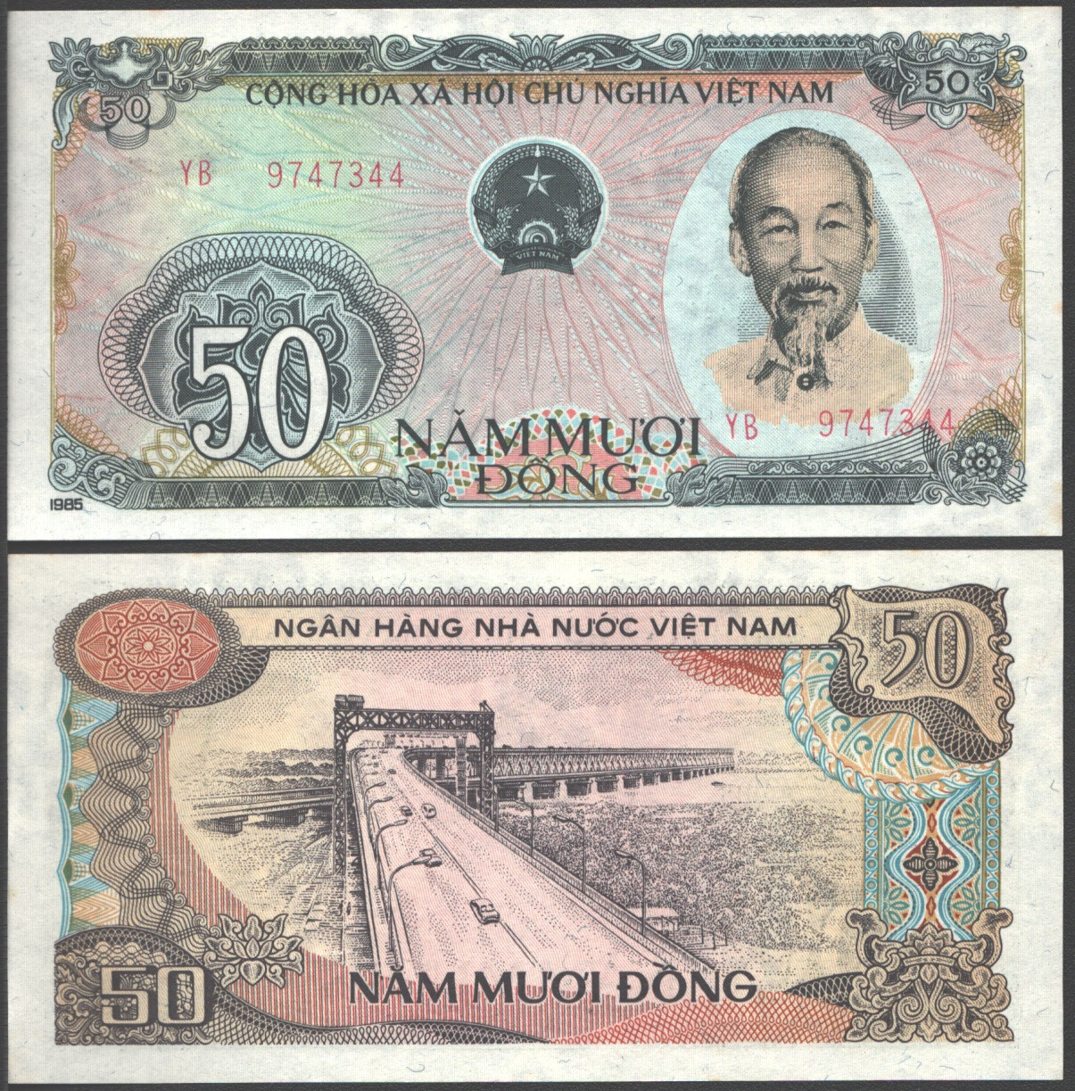 VIETNAM SOCIALIST 50 DONG 1985 UNC PREFIX YB,HO CHI MINH AT RIGHT,THANG LONG BRI