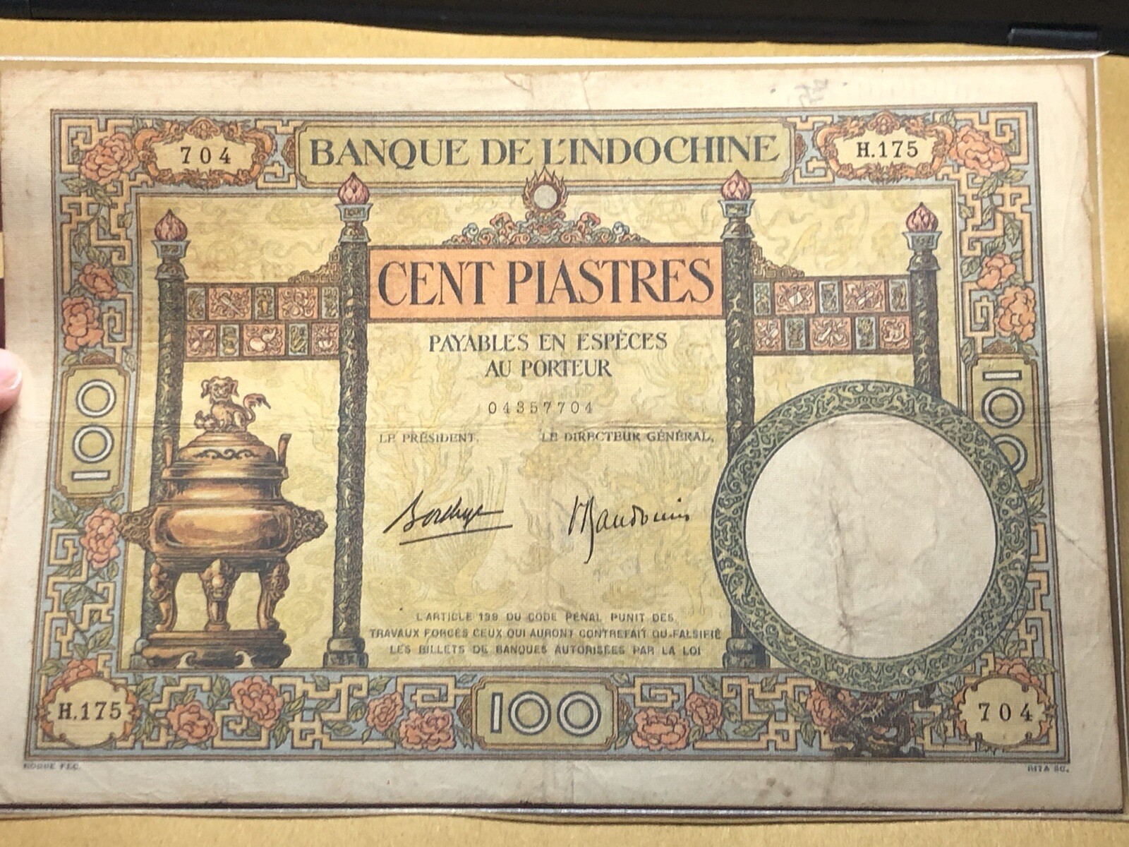 100 Piastres P-51c Sign#9 Indochine Banknotes 1936 Original Vintage_LDP Shop.