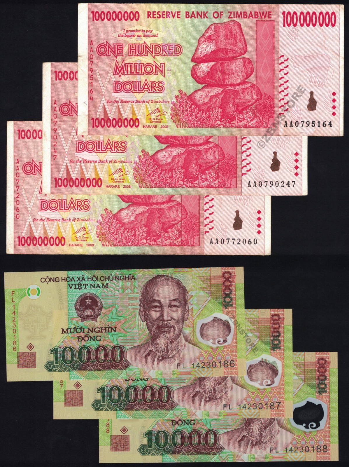 3x 100 Million Zimbabwe Dollars Banknotes + 3x 10000 Vietnam Dong 100% Authentic