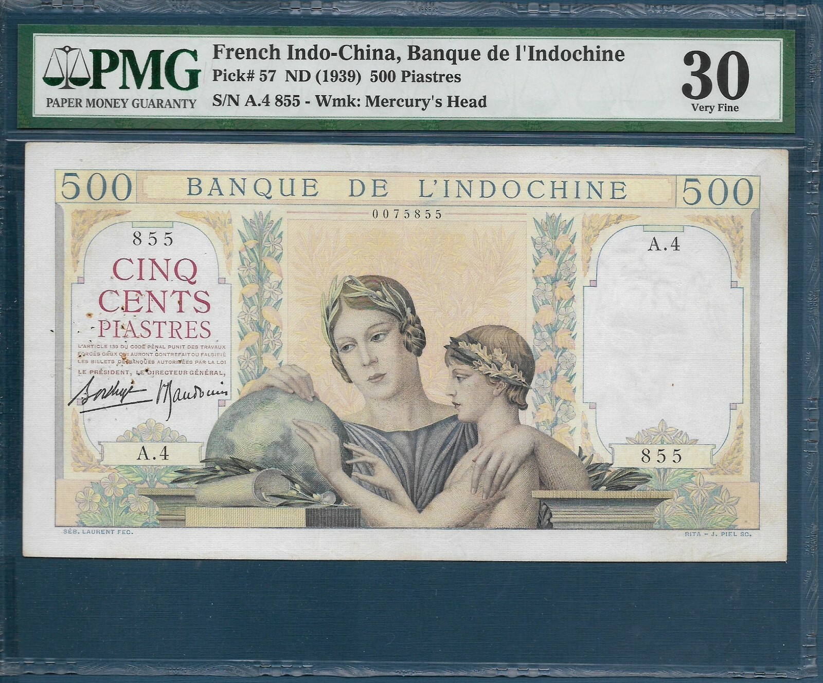 French Indochina Vietnam 500 Piastres, 1939, P 57, PMG VF 30