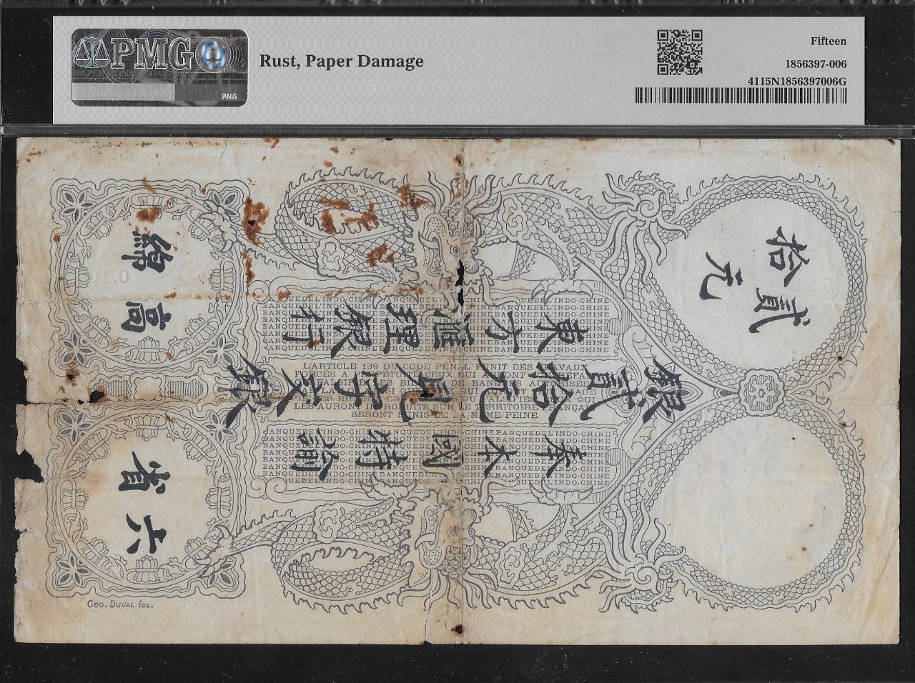 French Indochina P-41 20 Piastres Saigon 1920 PMG 15 NET Rust, Paper Damage