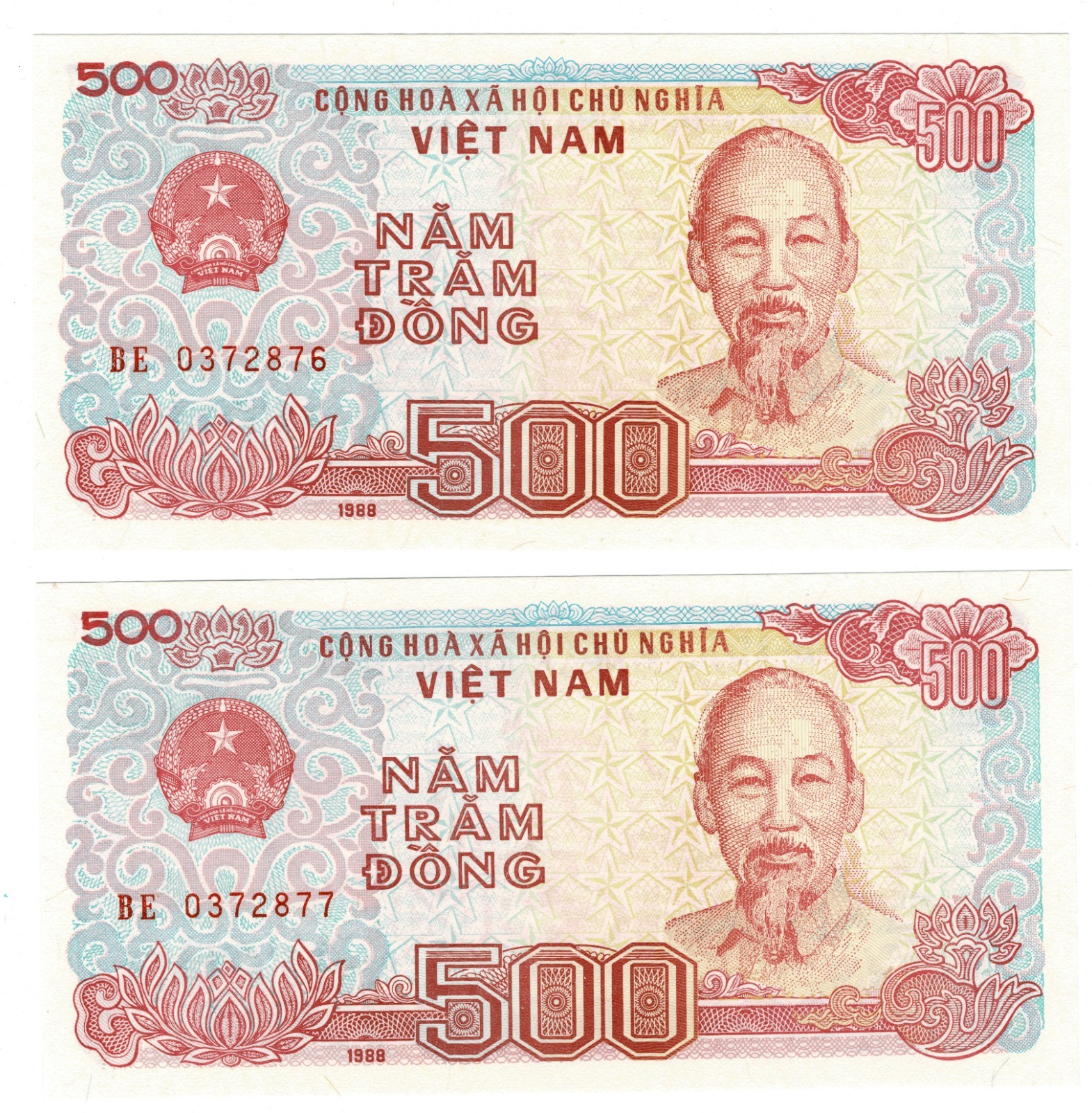 Set: 2 Consecutive S/N Vietnam 500 Dong 1988 P-101 Ships in Port UNC Banknotes