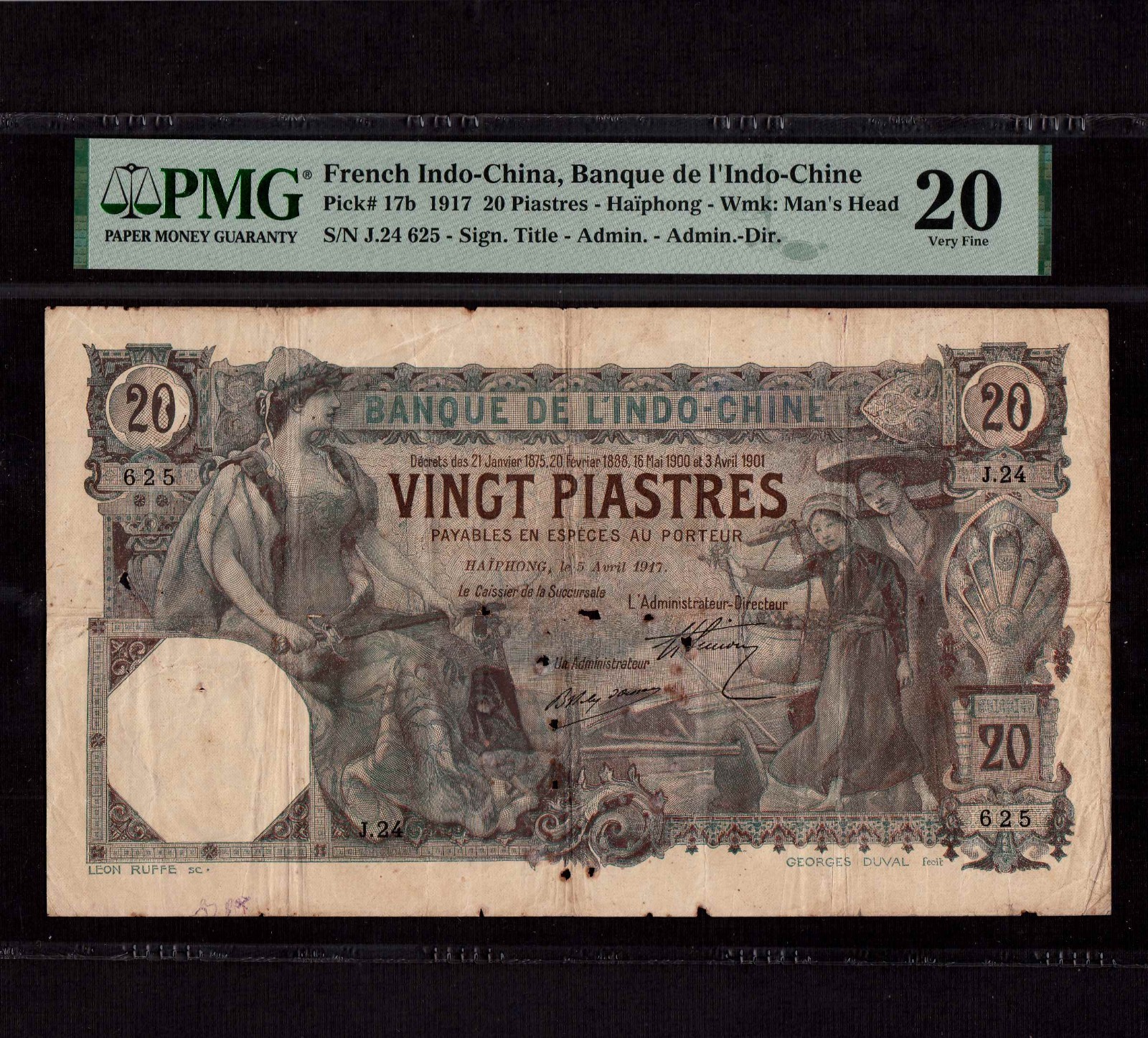 French Indo-China 20 Piastres 1917 P-17b * PMG VF 20 * Rare Green Color *