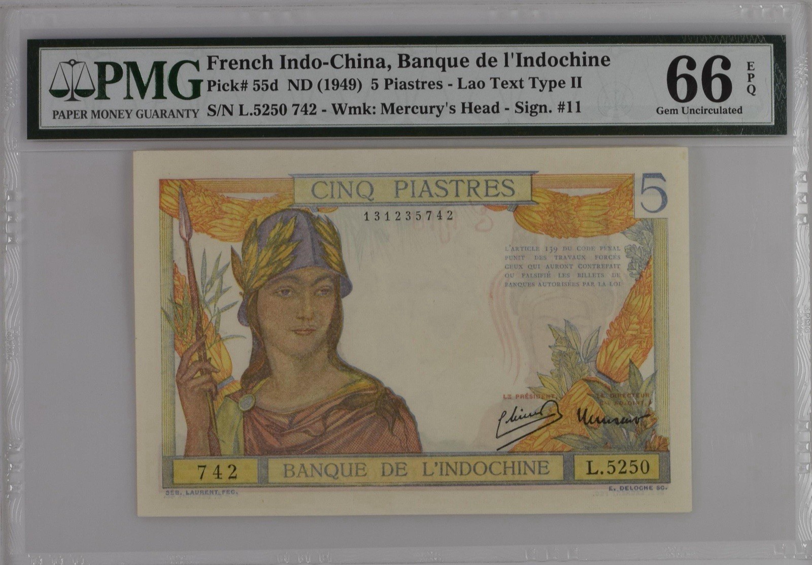 French Indo-China, Banque de l’Indochine Pick# 55d ND (1949) 5 Piastres – PMG 66