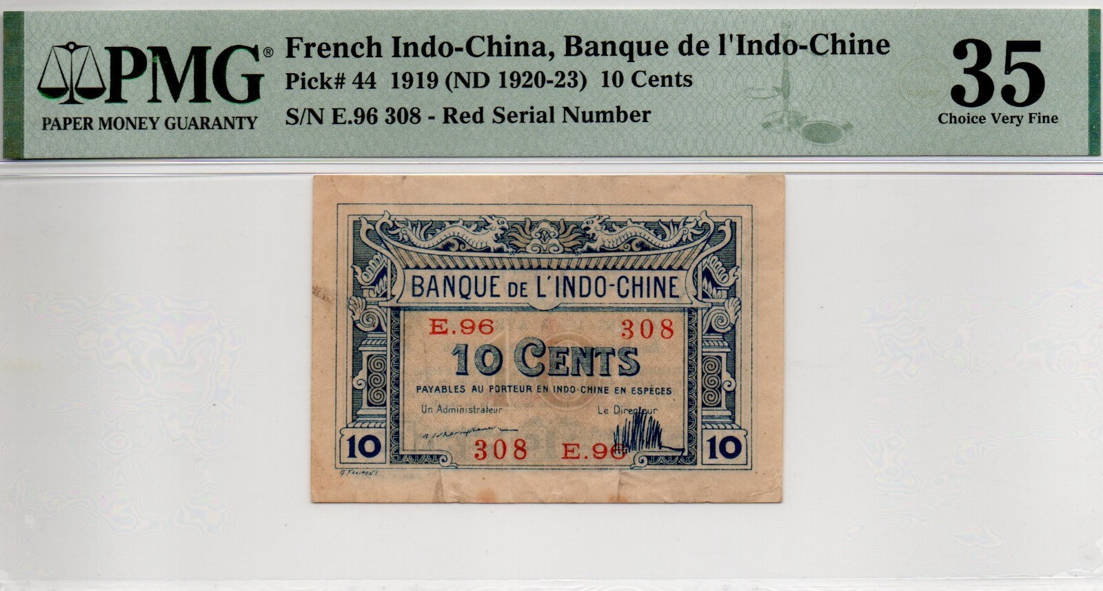 French Indochina 10 Cents 1919 Red Serial Number (PMG 35 VF)