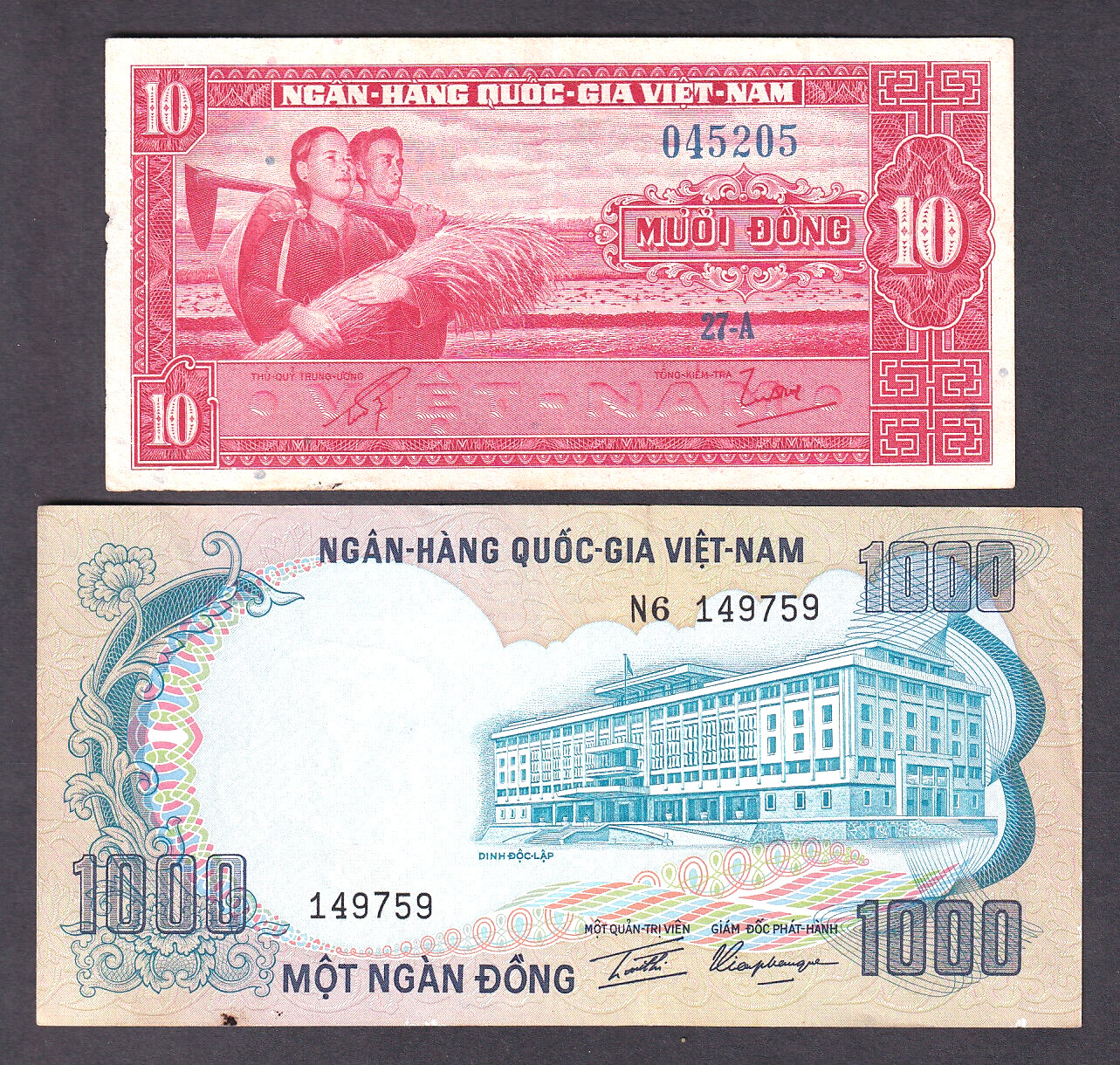 Vietnam – South. P-5 (1982) 10 Dong (aEF) & P-34 (1972) 1000 Dong (aEF) 2 Notes