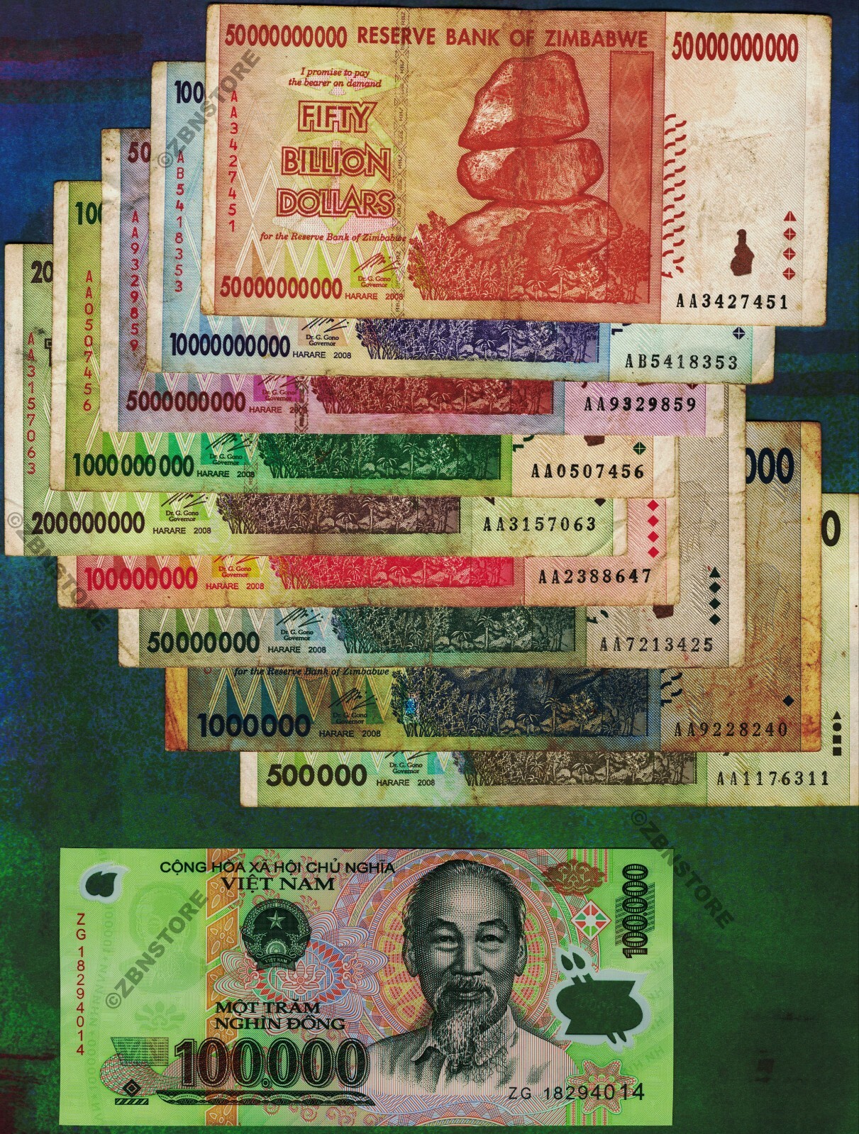 100,000 Vietnam Dong Banknote + Zimbabwe Set 500,000 to 50 Billion Dollars 2008