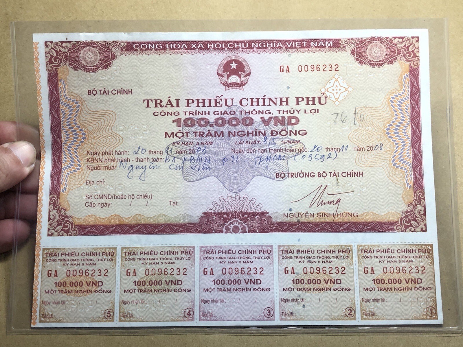 100,000 Dong Payment Bond Cheque Unpaid 2003 Original Vintage Rare_LDP Shop.