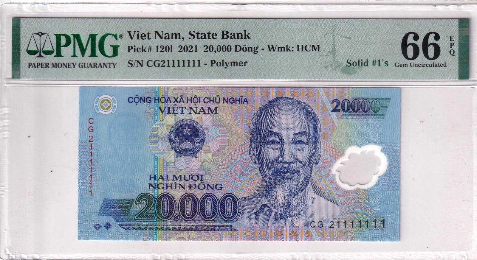 Vietnam 2021 Solid # 1 – 20,000 Dong Pick 120l Serial # CG 21 111 111 PMG 66 EPQ