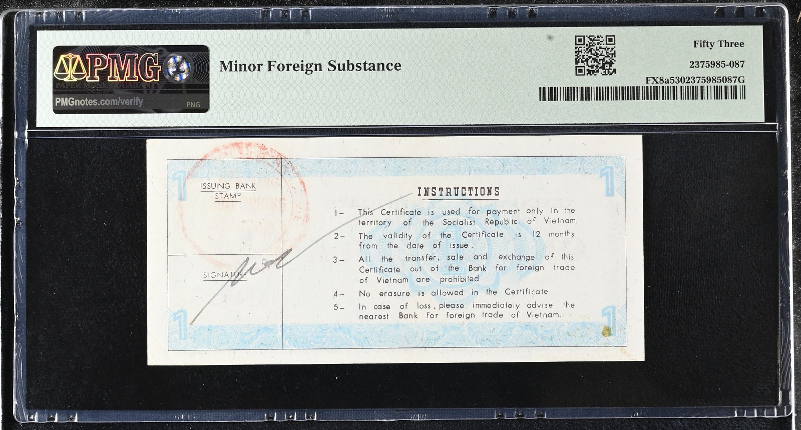 Vietnam Foreign Exchange Certificate 1981 1 Dollar P. FX8a W/Validation PMG 53