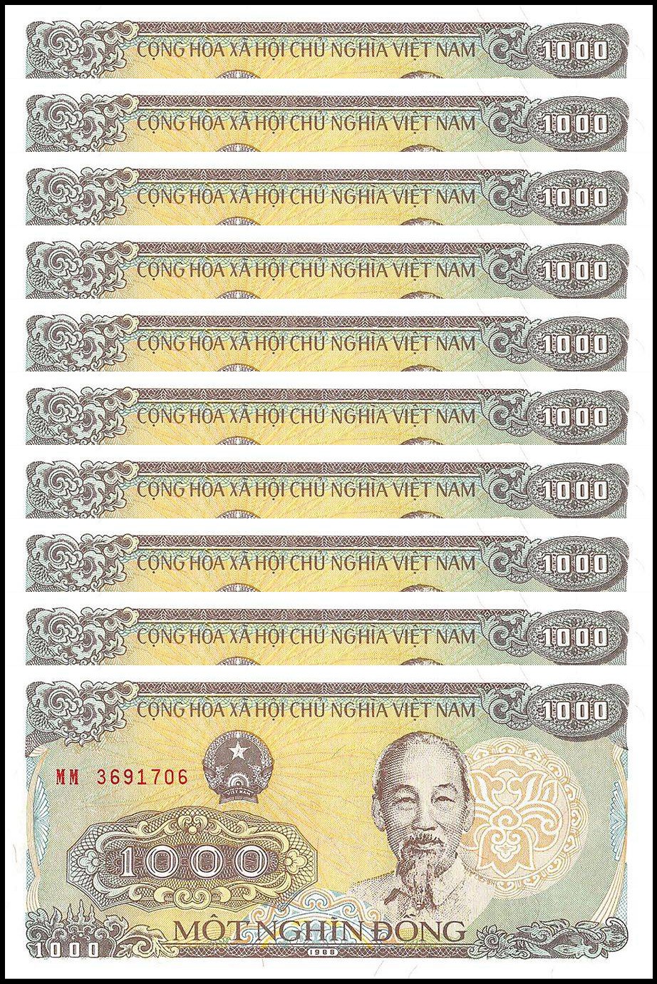 Vietnamese Currency 1000 Vietnam Dong, 1988, P-106, UNC X 10 PCS