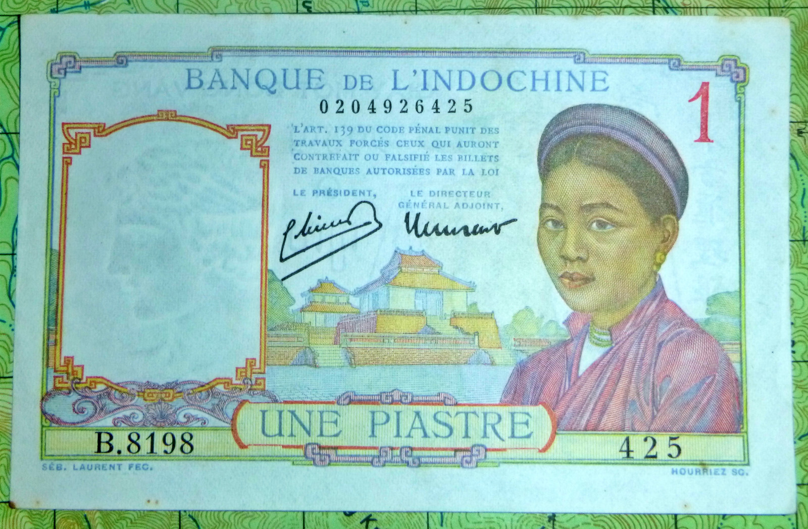 1949 BANK NOTE – ONE PIASTRE – LAOS – CAMBODIA – French Vietnam War – C.289