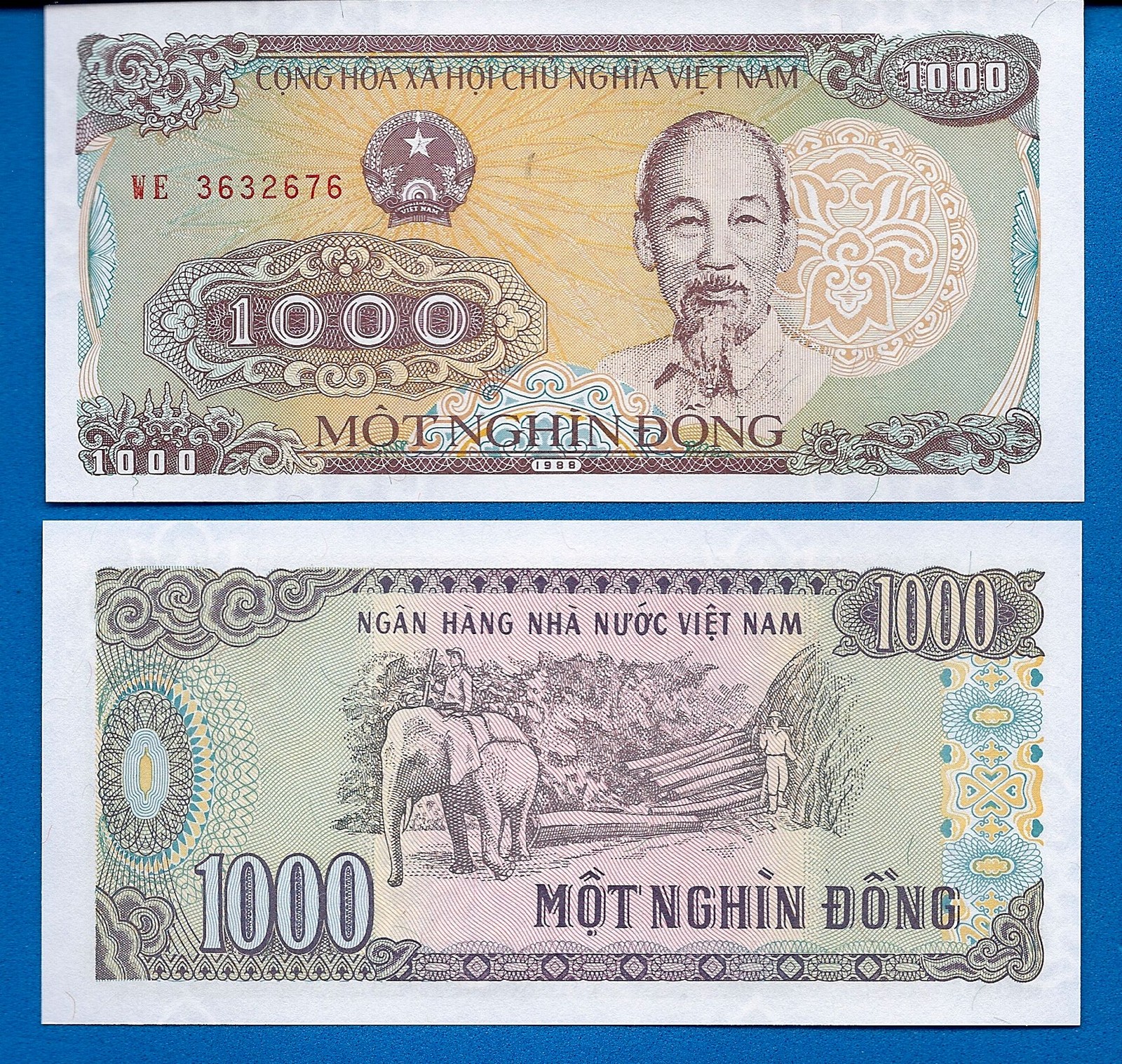 Viet Nam P-106 1000 Dong 1988 Logging Elephant Uncirculated Banknote