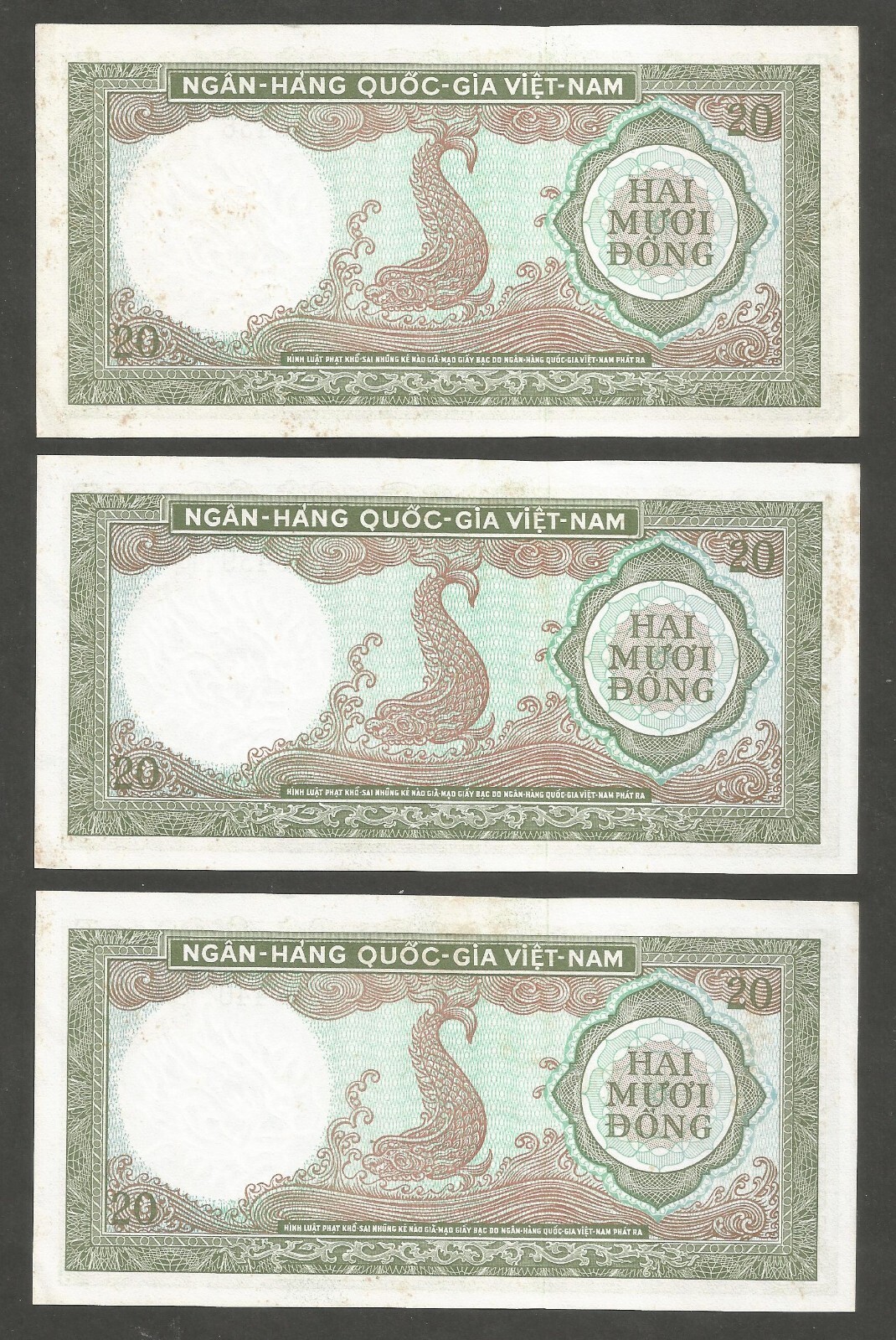 South Vietnam 20 Dong N.D. (1965); AU+; P-16a; BNB-B120a; Lot of 3 consecutive #