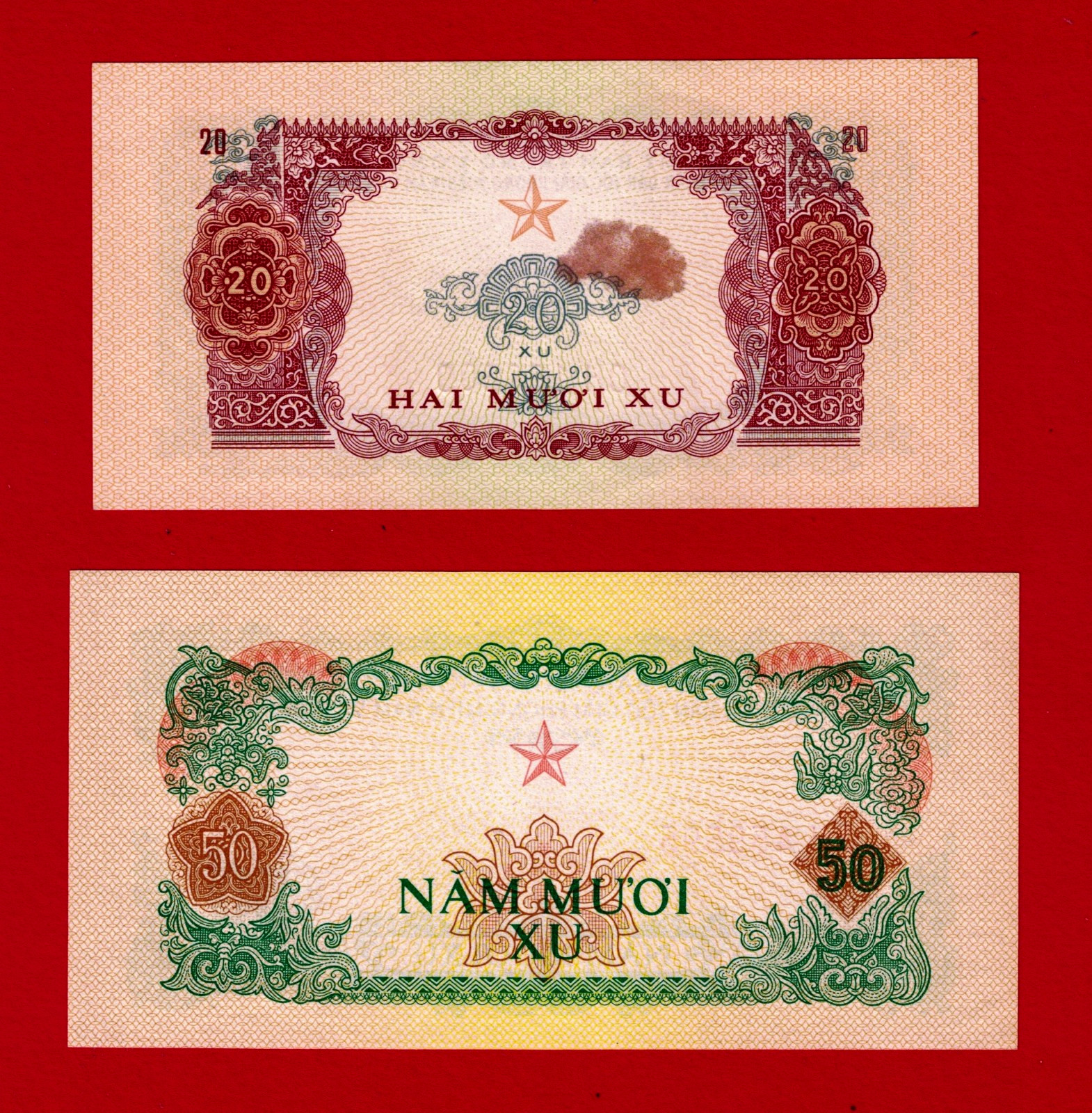 South Vietnam 1968 UNISSUED UNC NLF NOTES – 20 XU (Pick-R2) and 50 XU (Pick-R3)